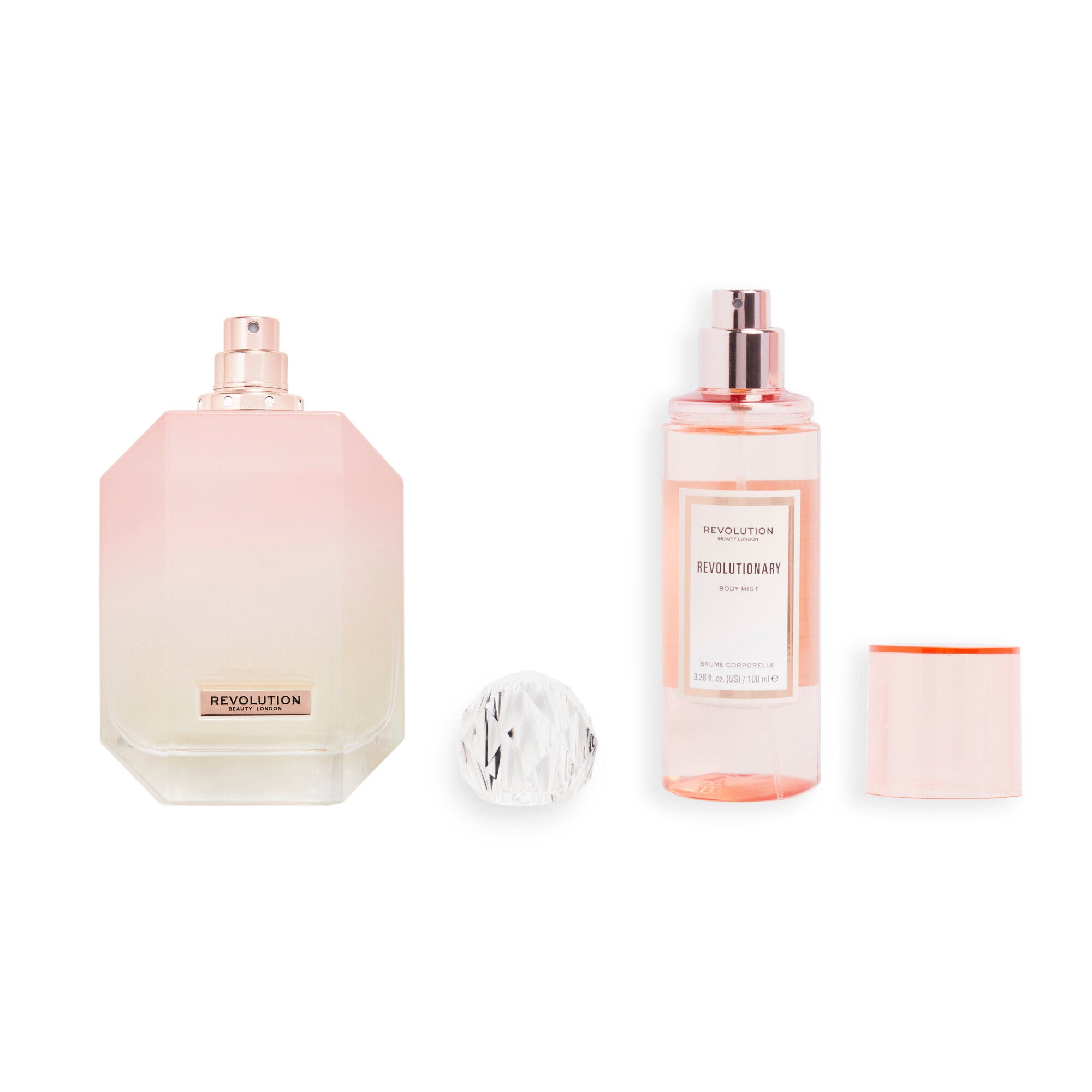 Makeup Revolution Revolutionary Set Eau De Toilette & Body Mist Gift Set, bottles open