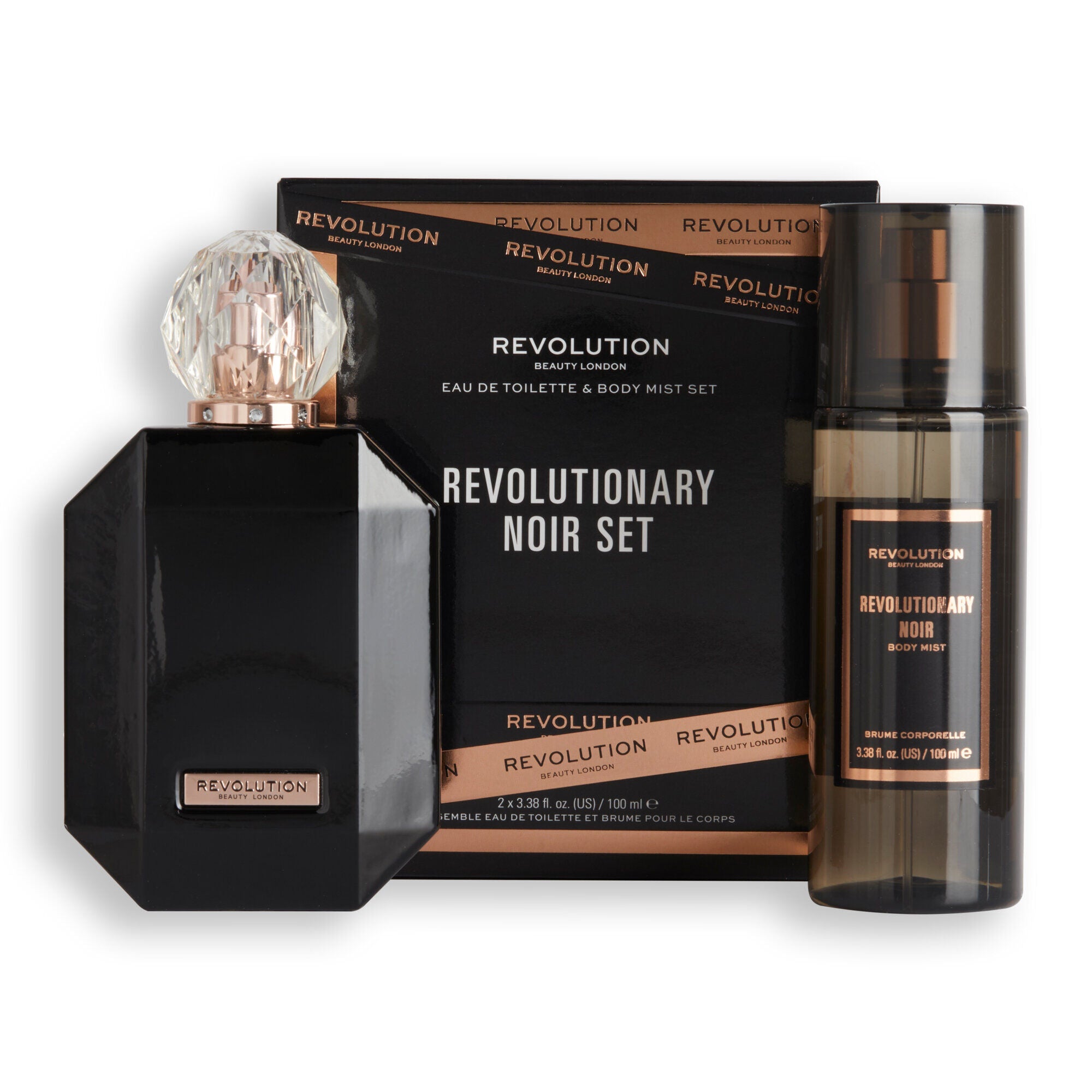 Makeup Revolution Revolutionary Noir Eau De Toilette & Body Mist Gift Set , packaging and products