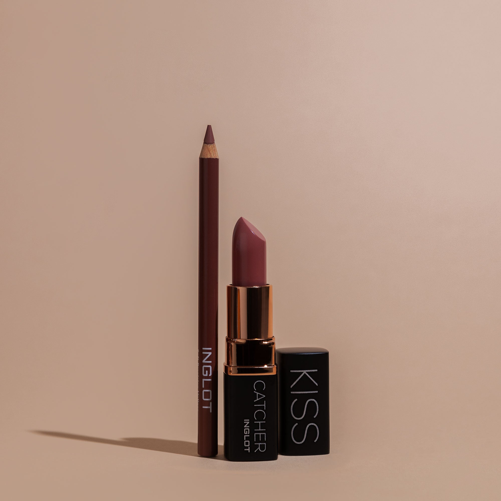 Inglot Dusty Pink Lip Glow Duo Gift Set, lipstick and liner close up