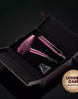 ghd Deluxe Hairdryer & Straightener Gift Set in Cherry Chic, opened out and displayed