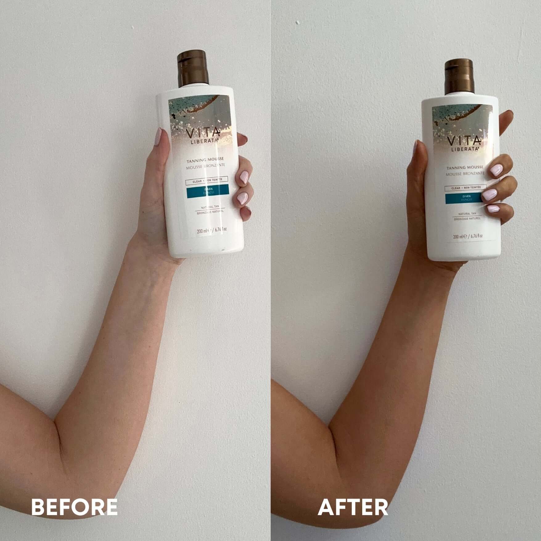 Before and after applying Vita Liberata Clear Tanning Mousse - Dark