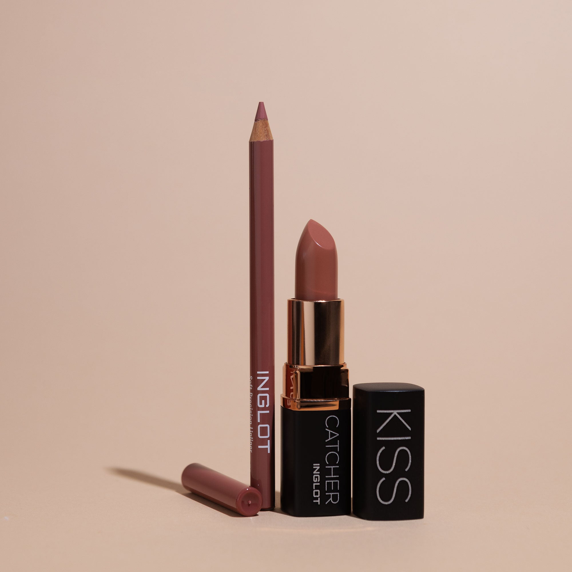 Inglot Creamy Nude Lip Glow Duo Gift Set, close up of lipstock and liner