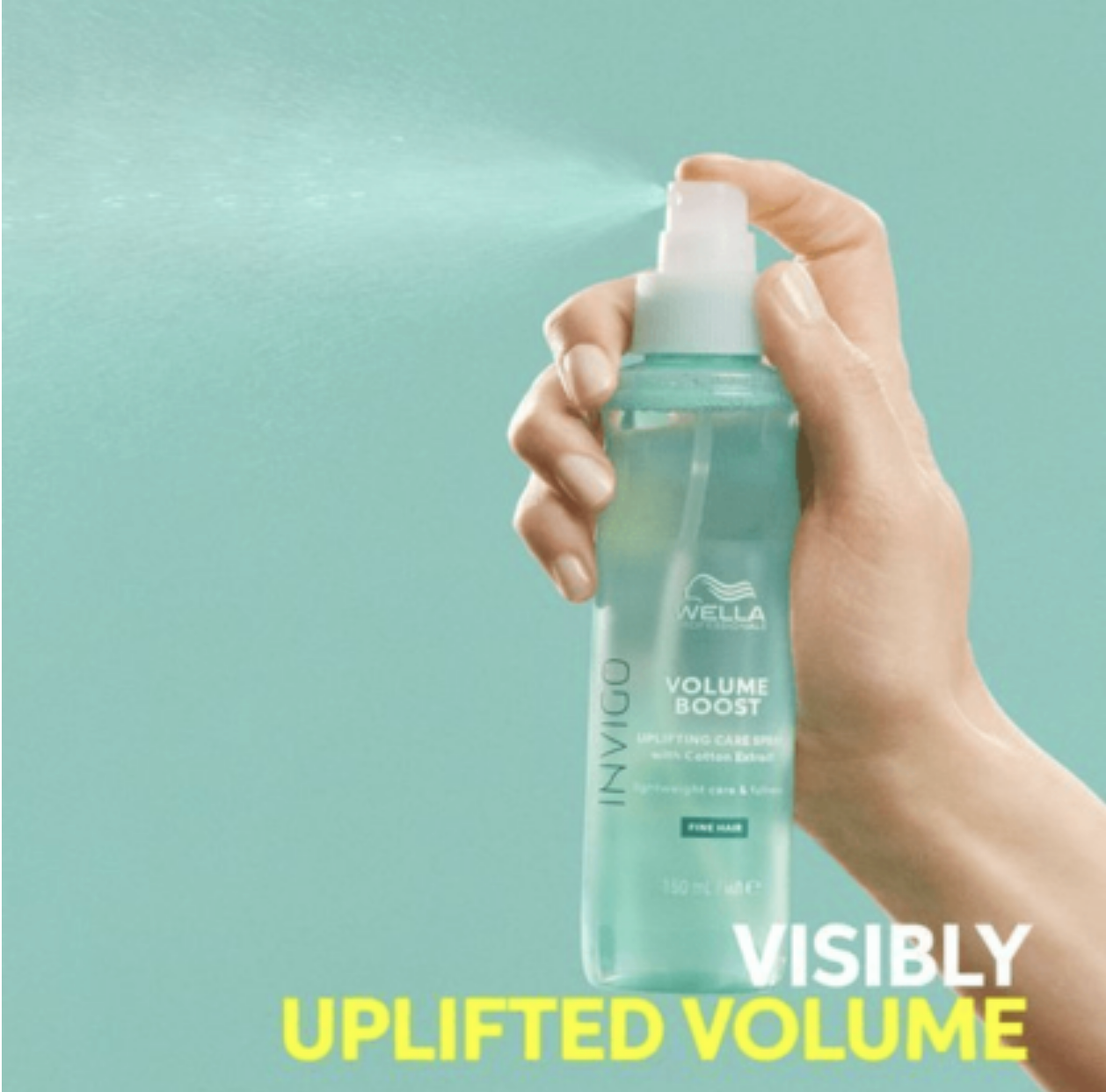 Modeling spraying Wella Invigo Volume Boost Uplifting Care Spray