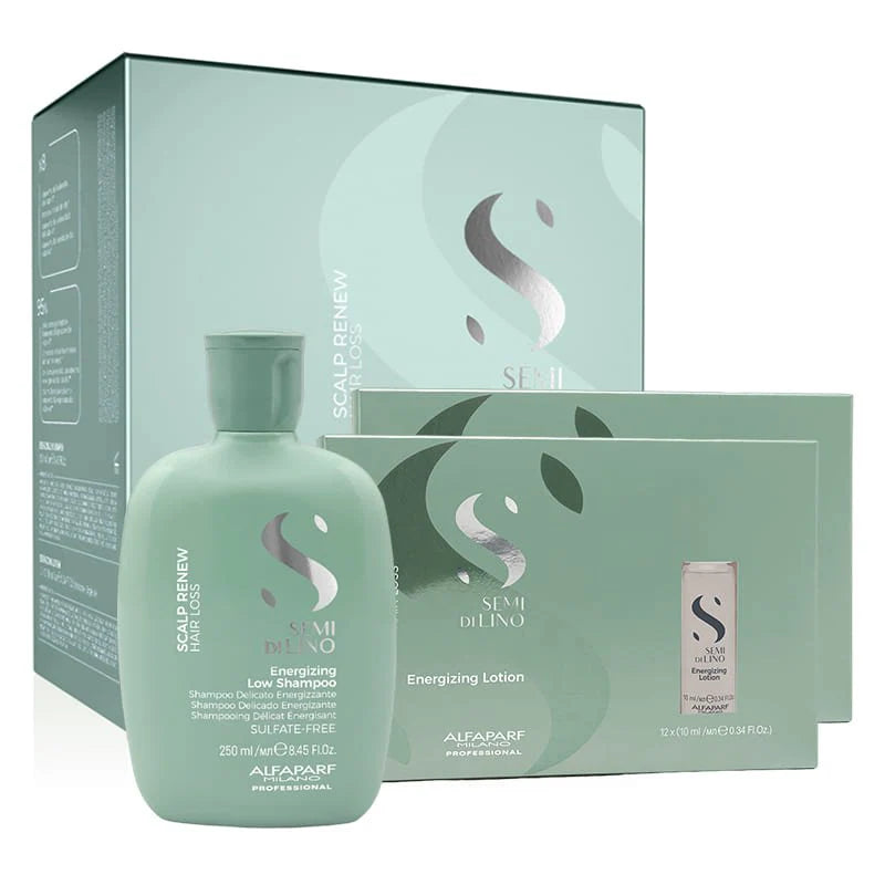 Alfaparf Milano Semi Di Lino Scalp Renew Hair Loss Kit, open showing shampoo and lotion included