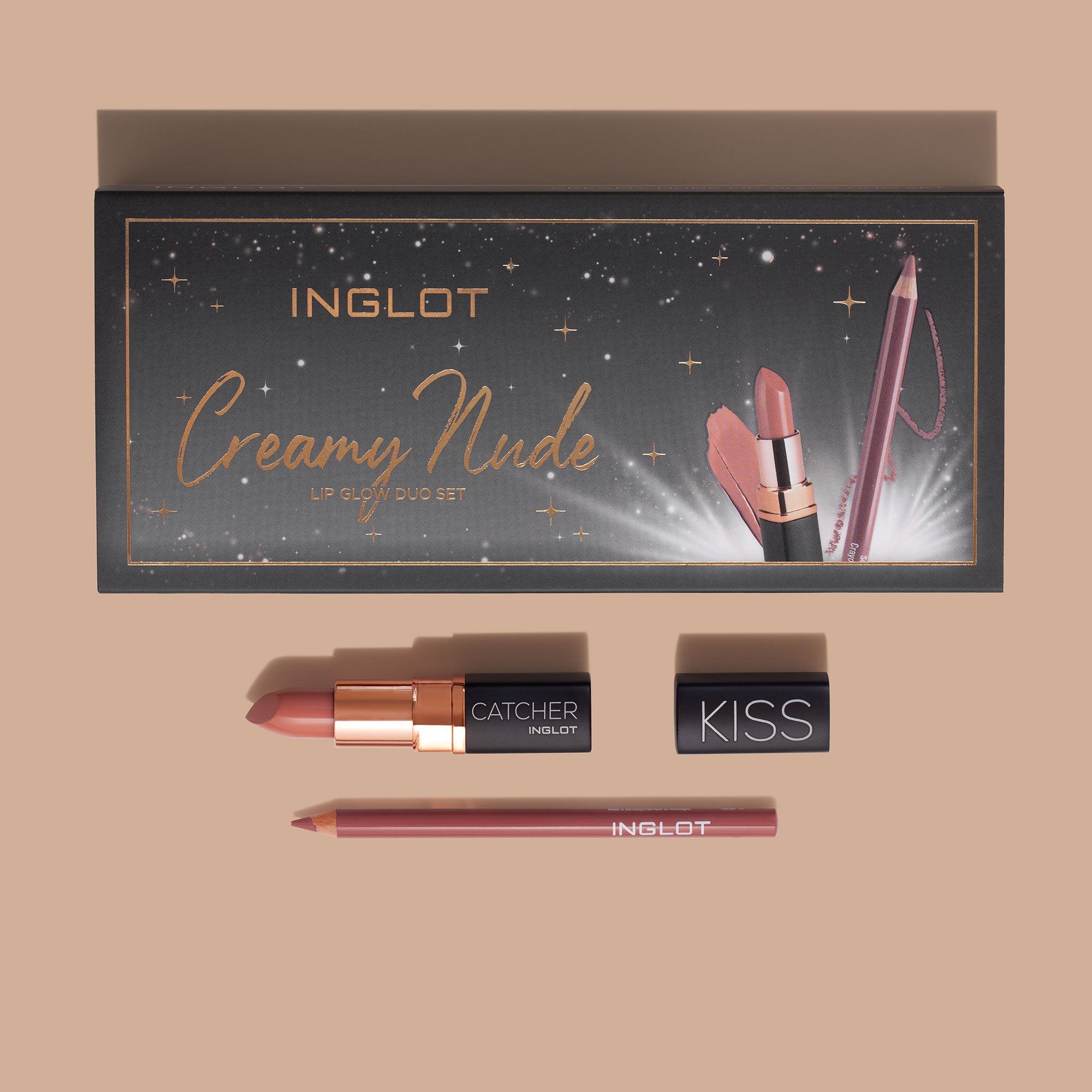 Inglot Creamy Nude Lip Glow Duo Gift Set, with products open