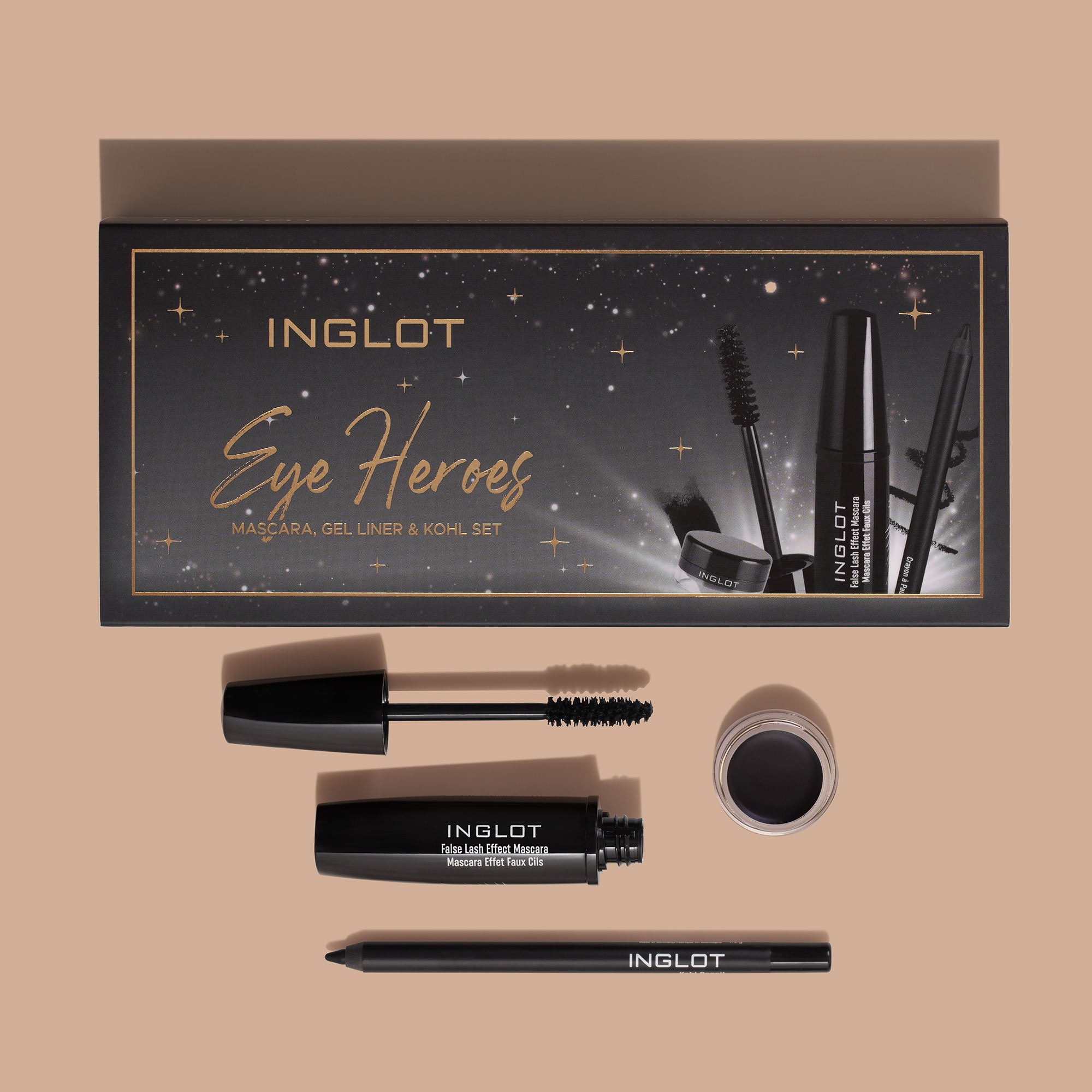 Inglot Eye Heroes Mascara, Gel Liner & Kohl Set, with products displayed next to box