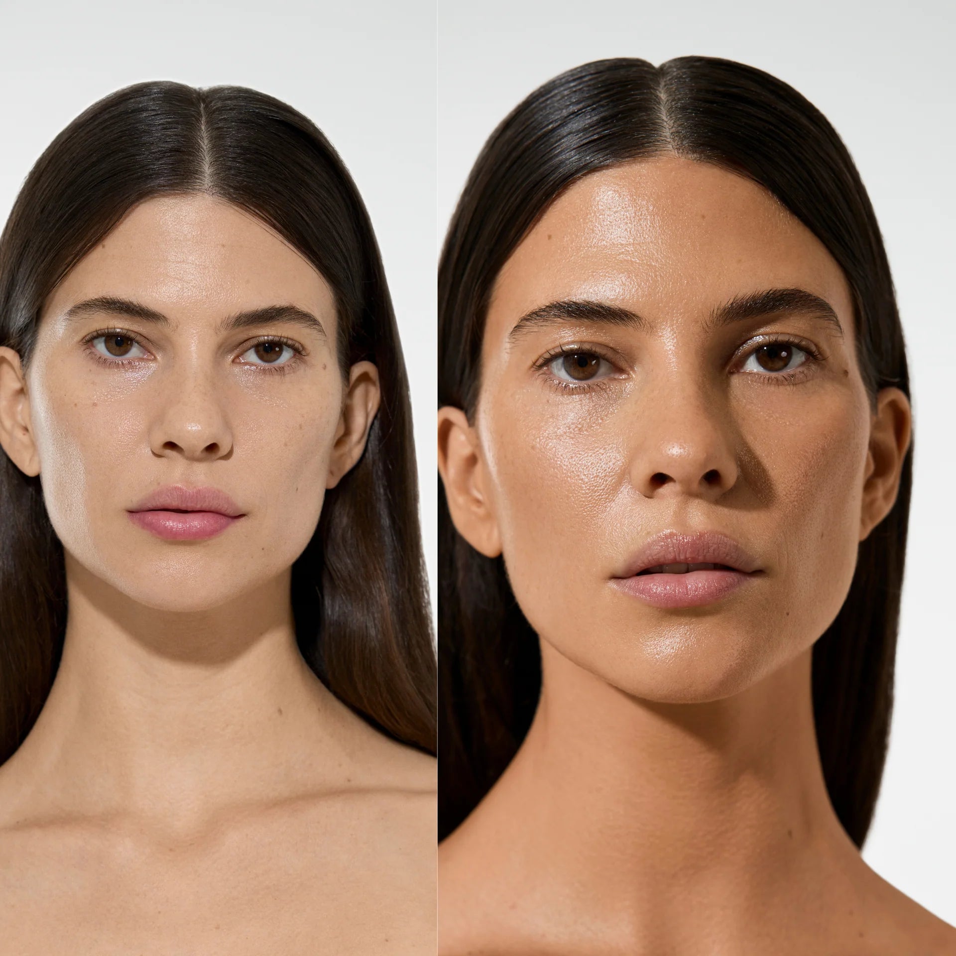 Dark haired model, before and after using Vita Liberata The HA+ Face Tan With Niacinamide 50ml