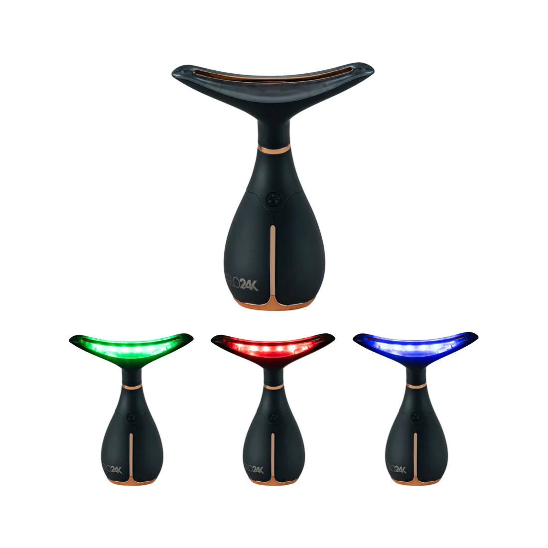 GLO24K Skin Rejuvenation Beauty Device, demonstrating all 3 colours of LED light