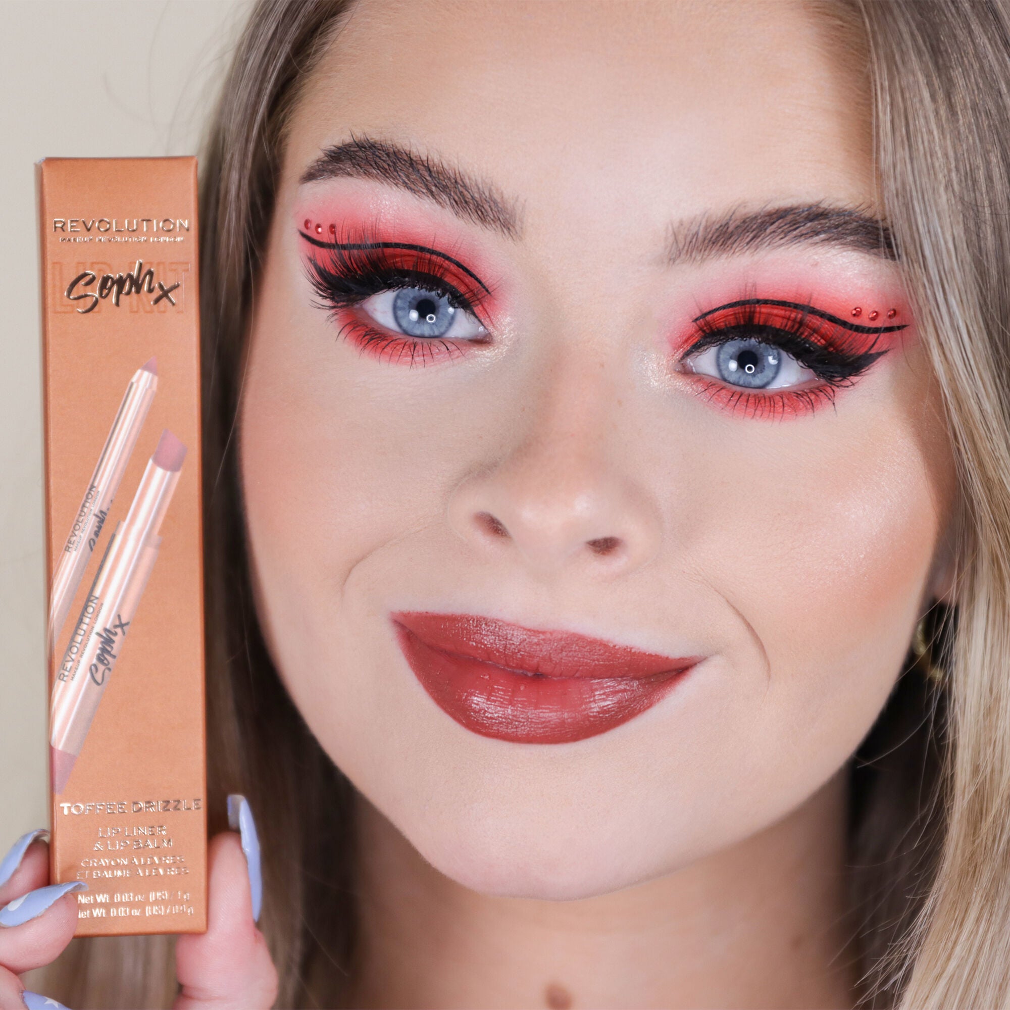 Soph wearing Makeup Revolution X Soph Lip Set - Toffee Drizzle