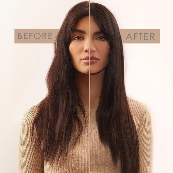 Brunette model before and after using Beauty Works Speed Styler Hot Brush