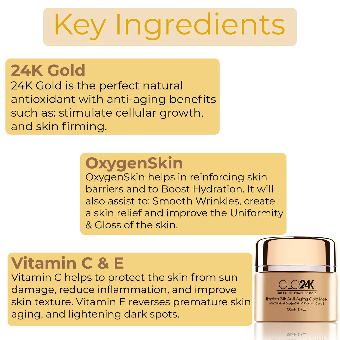 Key ingredients of GLO24K Timeless 24k Anti-Ageing Gold Mask