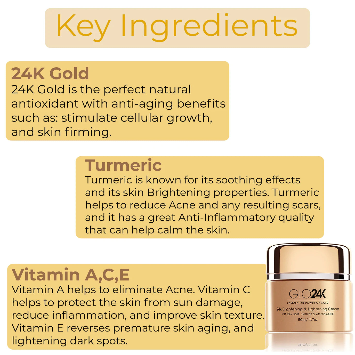Key ingredients of GLO24K Brightening & Lightening Cream