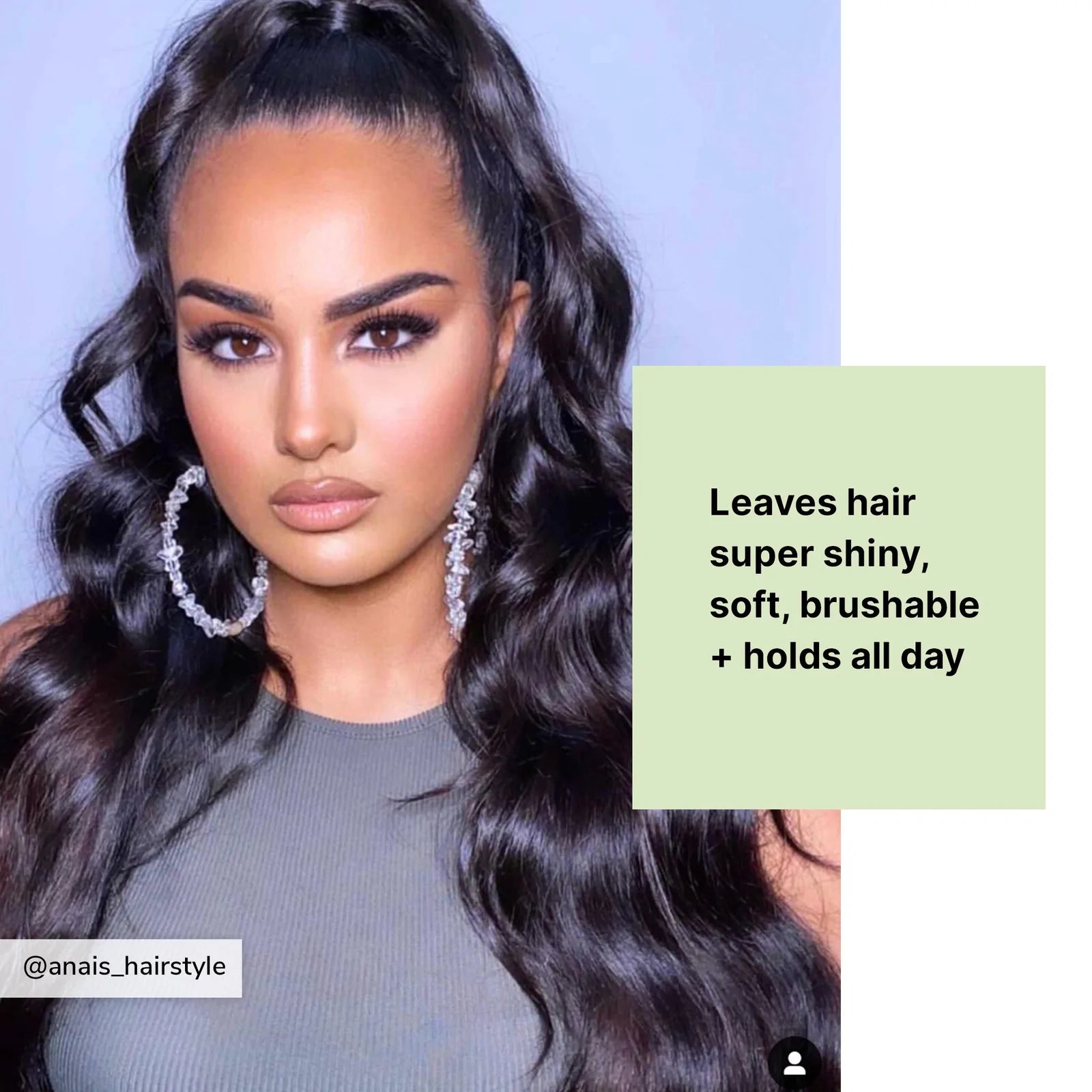 Model with hair styled using Color Wow Cult Favorite Firm + Flexible Hairspray