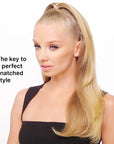 Blonde model with hair styled using Color Wow Cult Favorite Firm + Flexible Hairspray