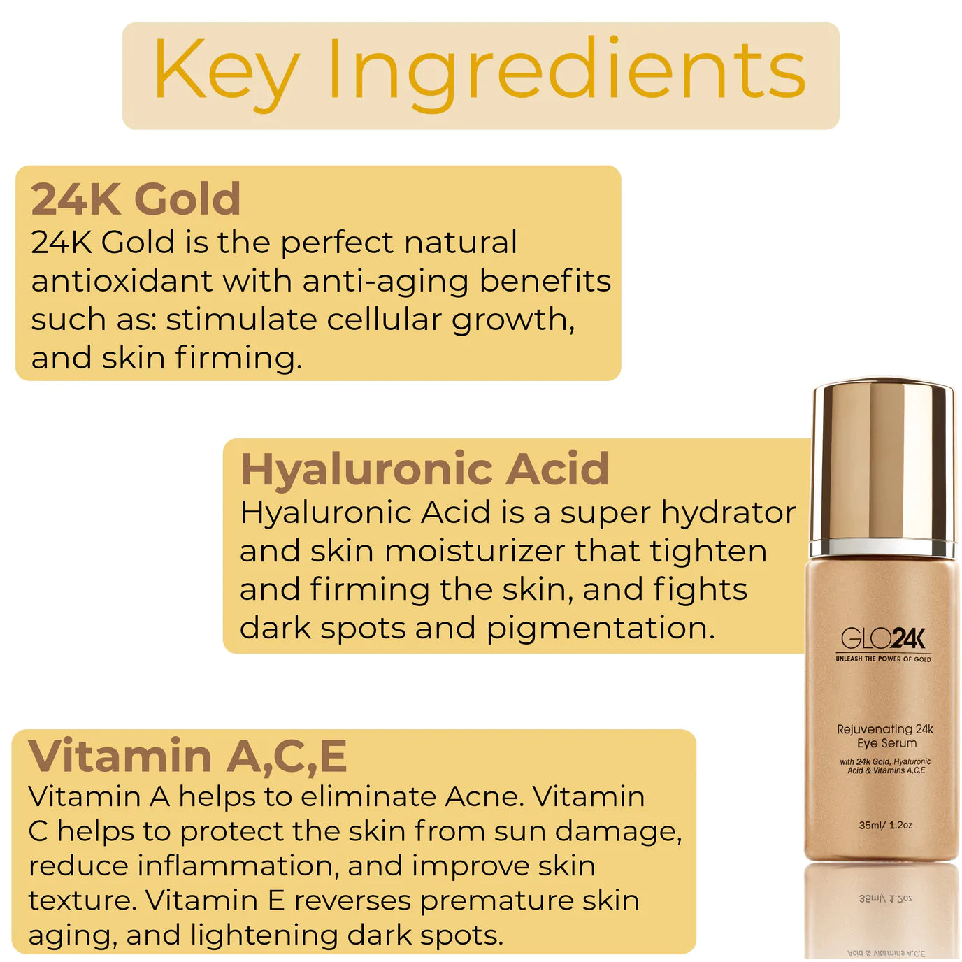 Key ingredients of GLO24K Rejuvenating 24k Eye Serum