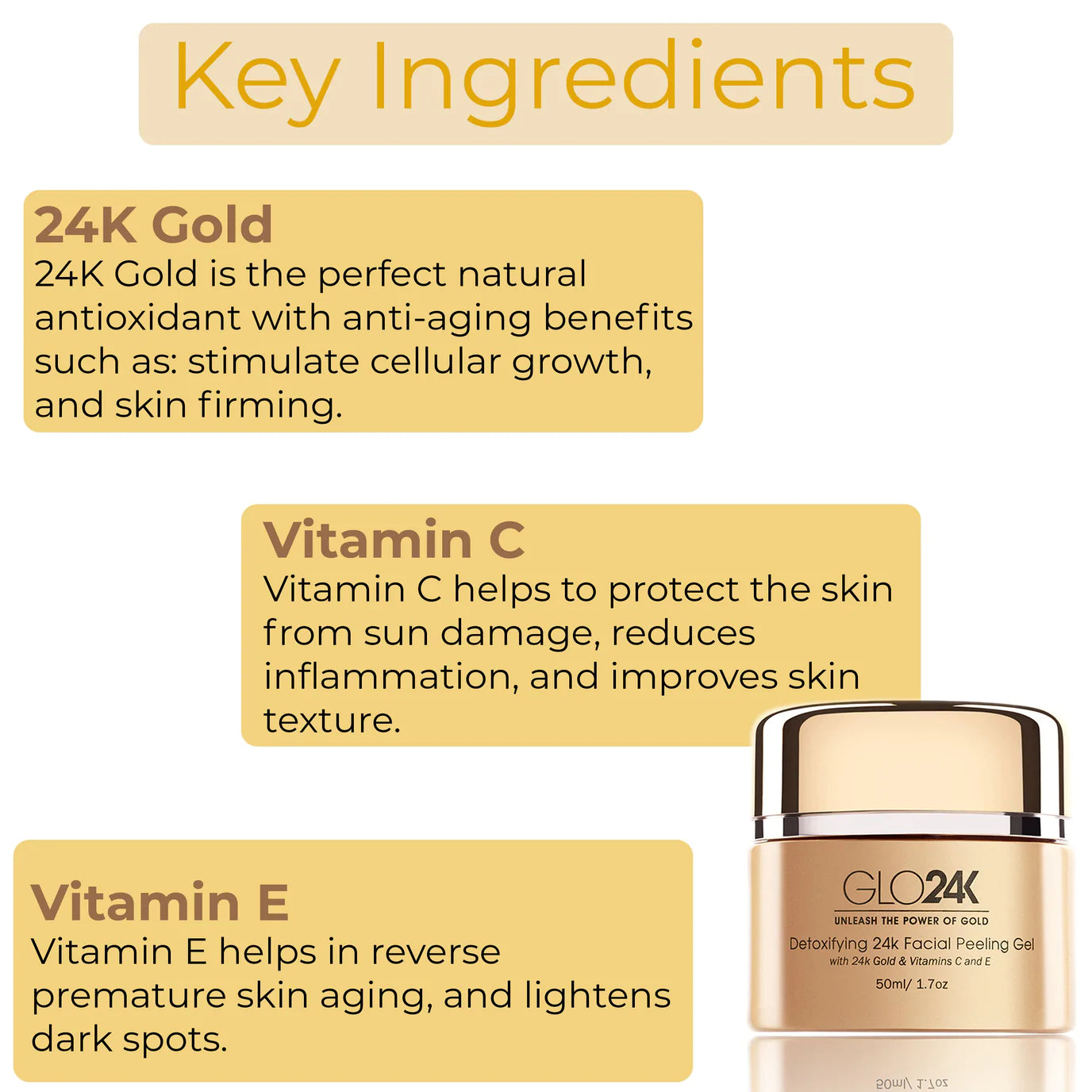 Key ingredients of GLO24K Detoxifying 24k Facial Peeling Gel