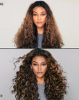 Curly model before and after using Color Wow Chris Appleton + Color Wow Money Masque