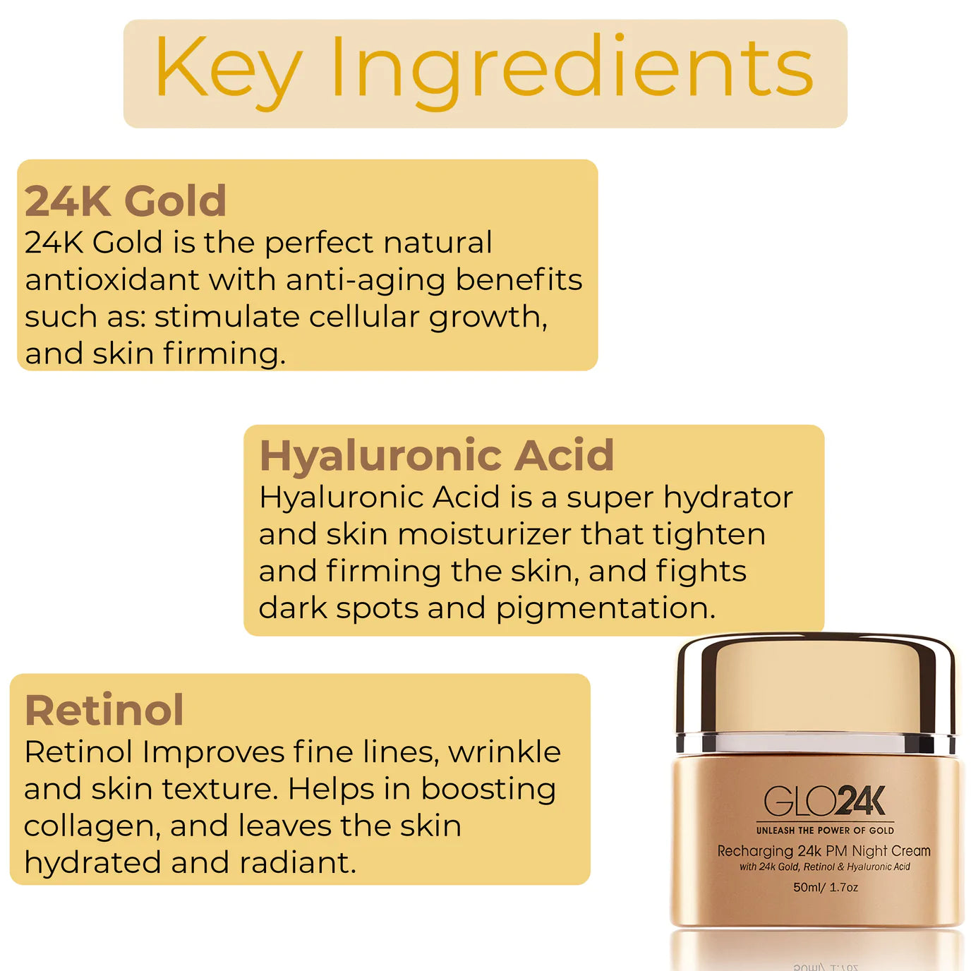 Key ingredients of GLO24K Recharging 24k PM Night Cream