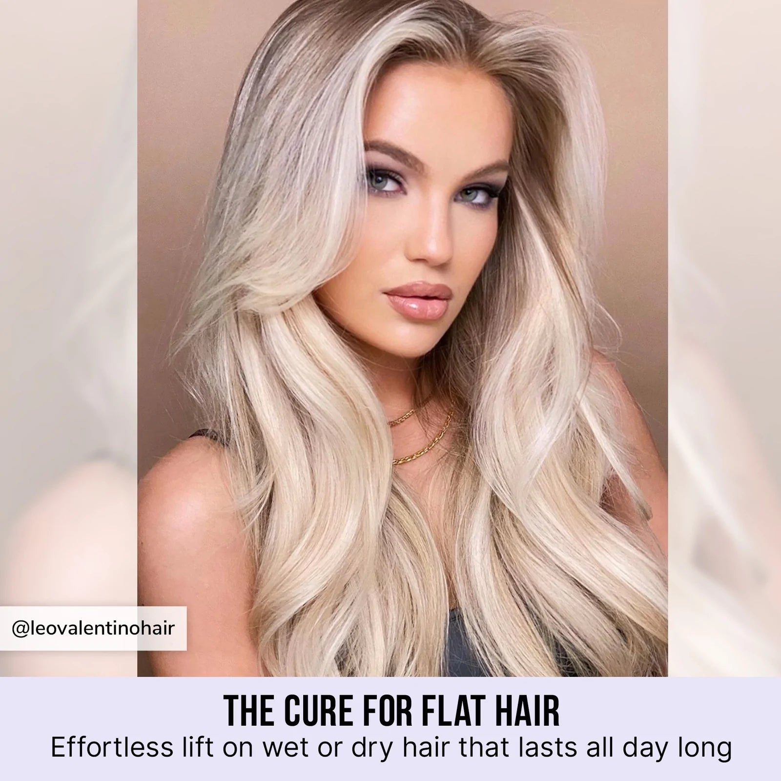 Model with hair styled with Color Wow Raise the Root Thicken & Lift Spray