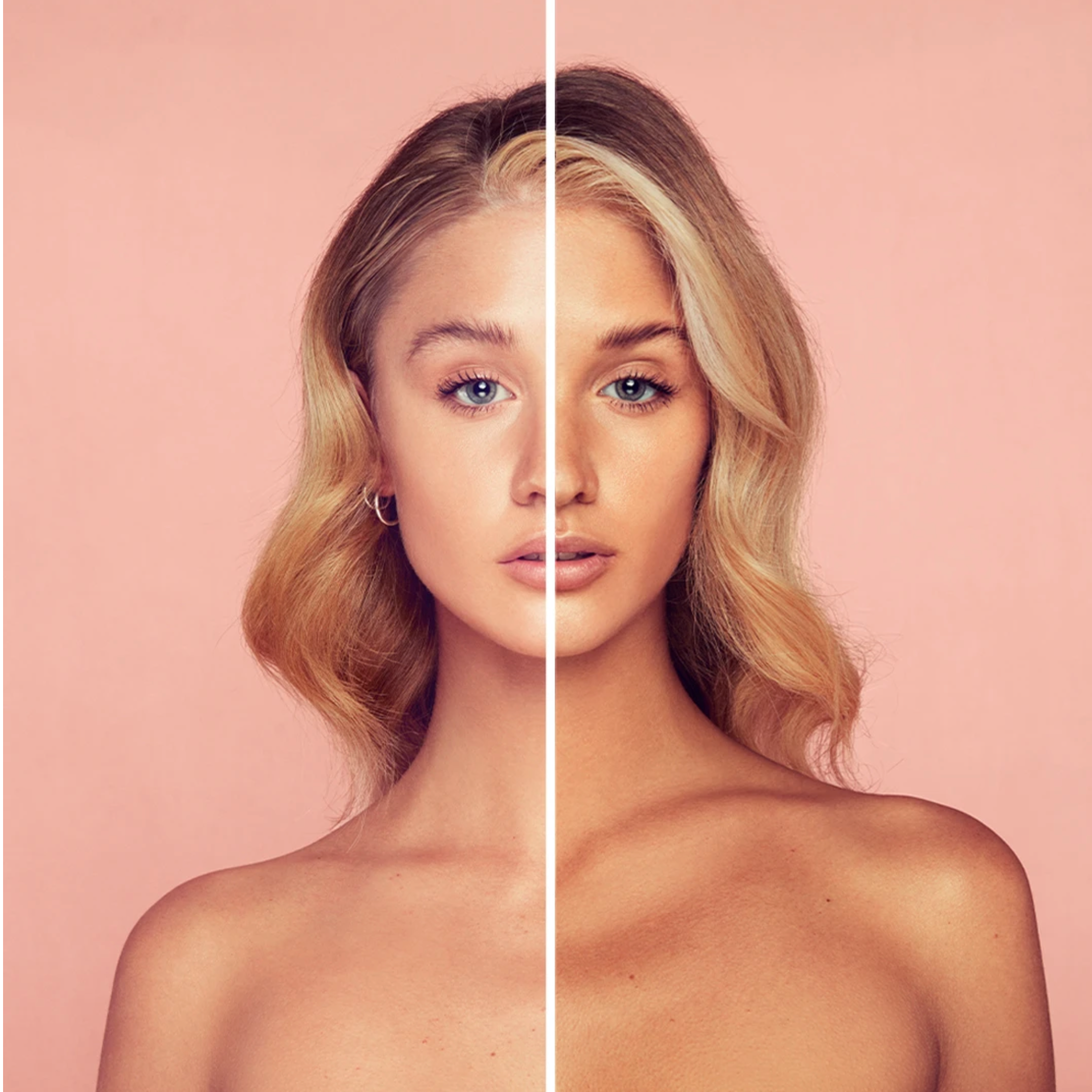Model wearing BELLAMIANTA Tanning Water by Maura Higgins, before and after