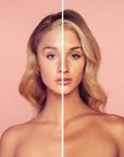 Model wearing BELLAMIANTA Tanning Water by Maura Higgins, before and after