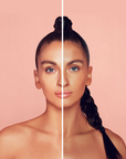 Model wearing BELLAMIANTA Tanning Water by Maura Higgins, before and after