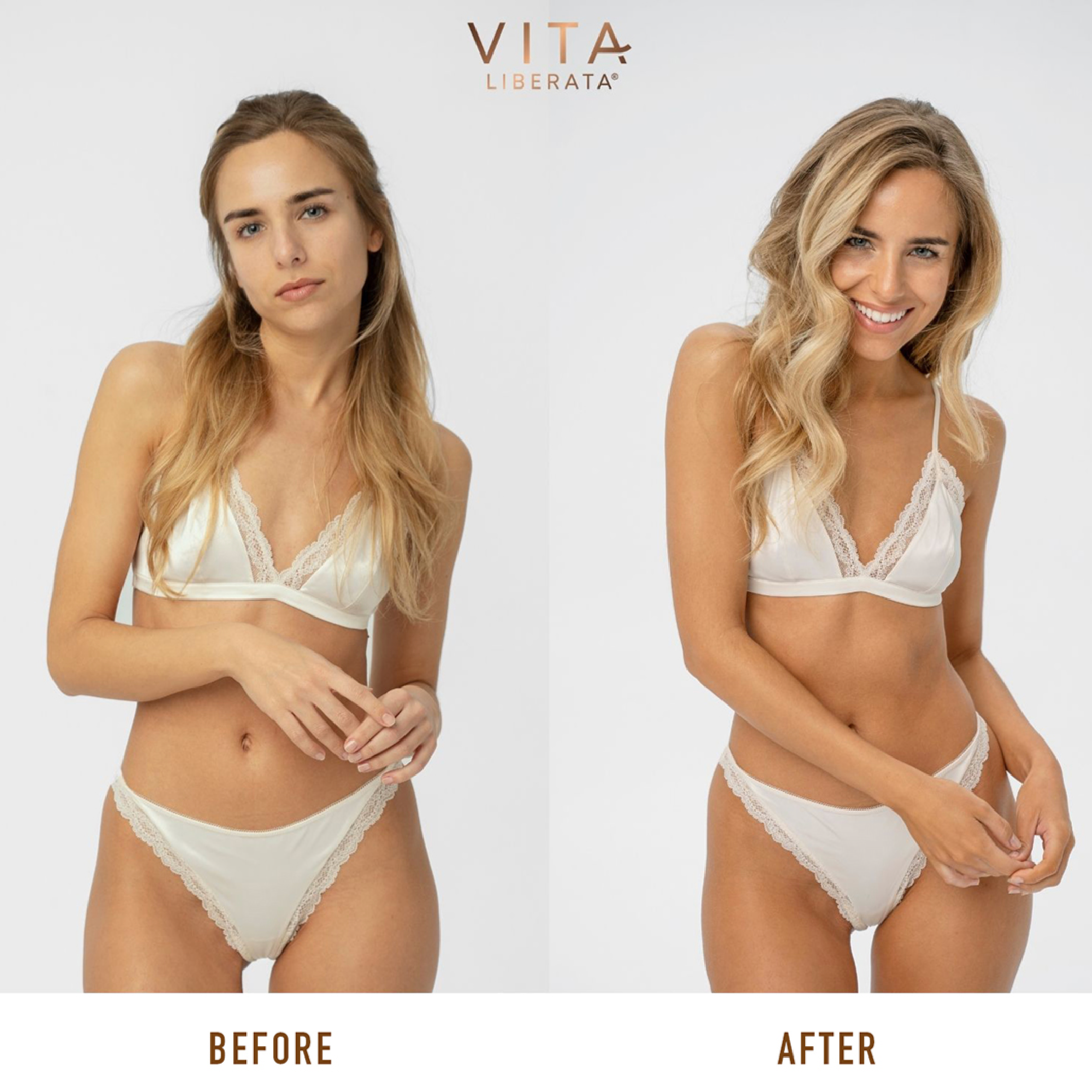 Blonde model, before and after Vita Liberata Tinted Heavenly Tanning Elixir - Medium