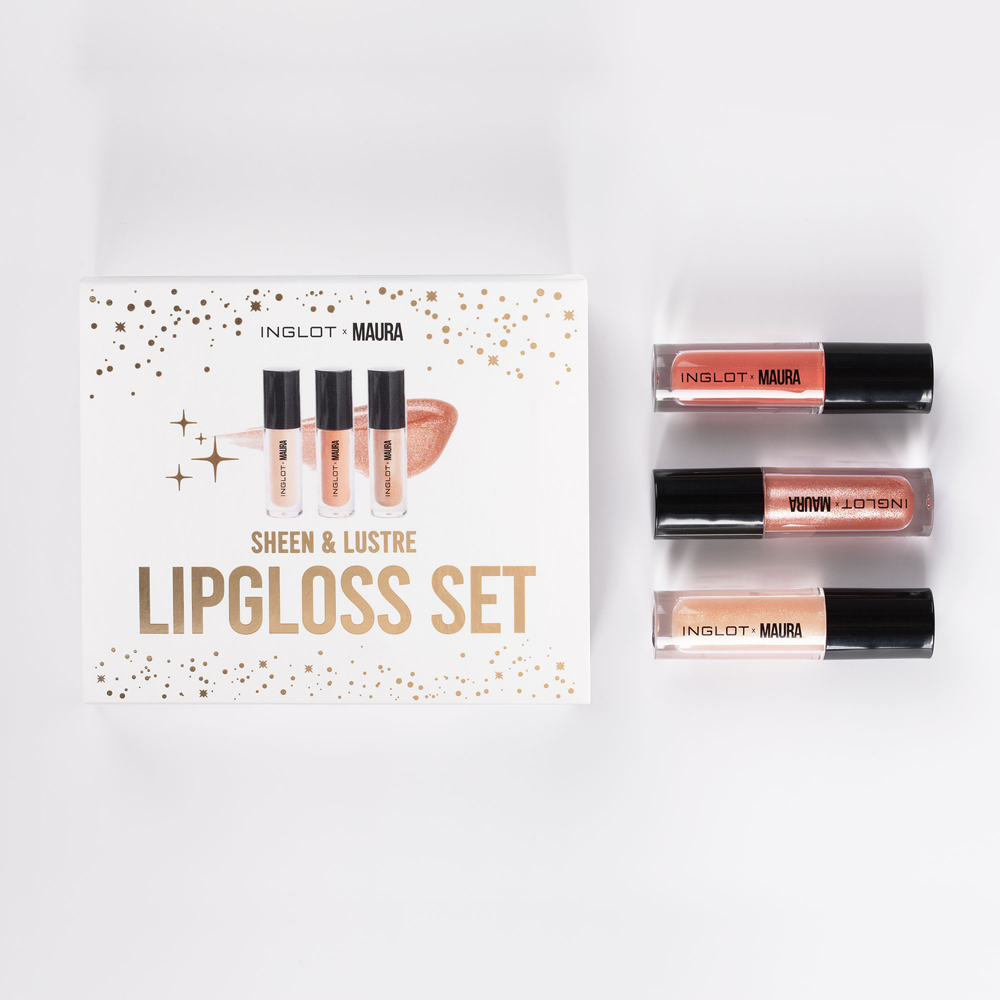 INGLOT X Maura Sheen & Lustre Mini Lip Gloss Set, with products