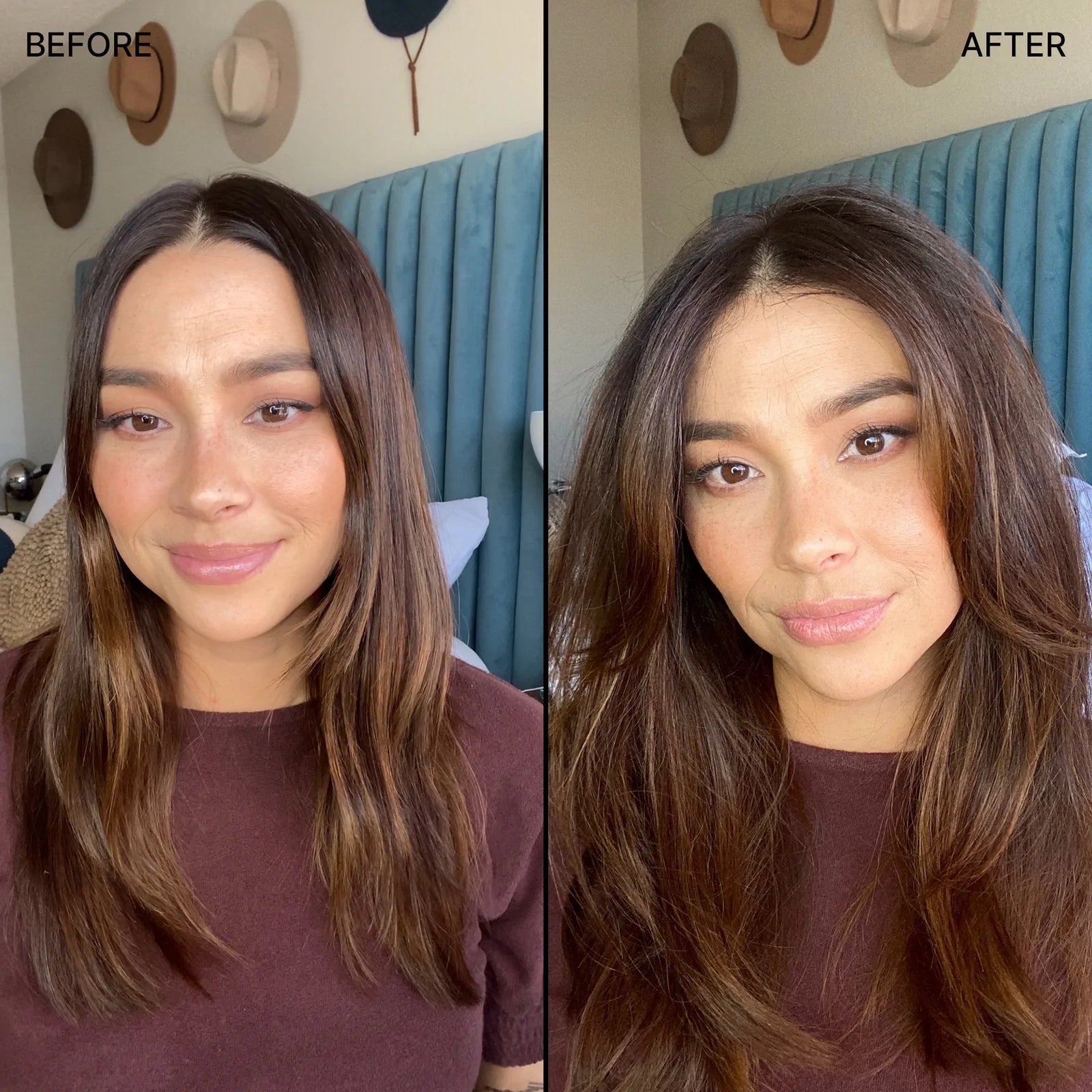 Before and after using Color Wow Xtra Large Bombshell Volumizer