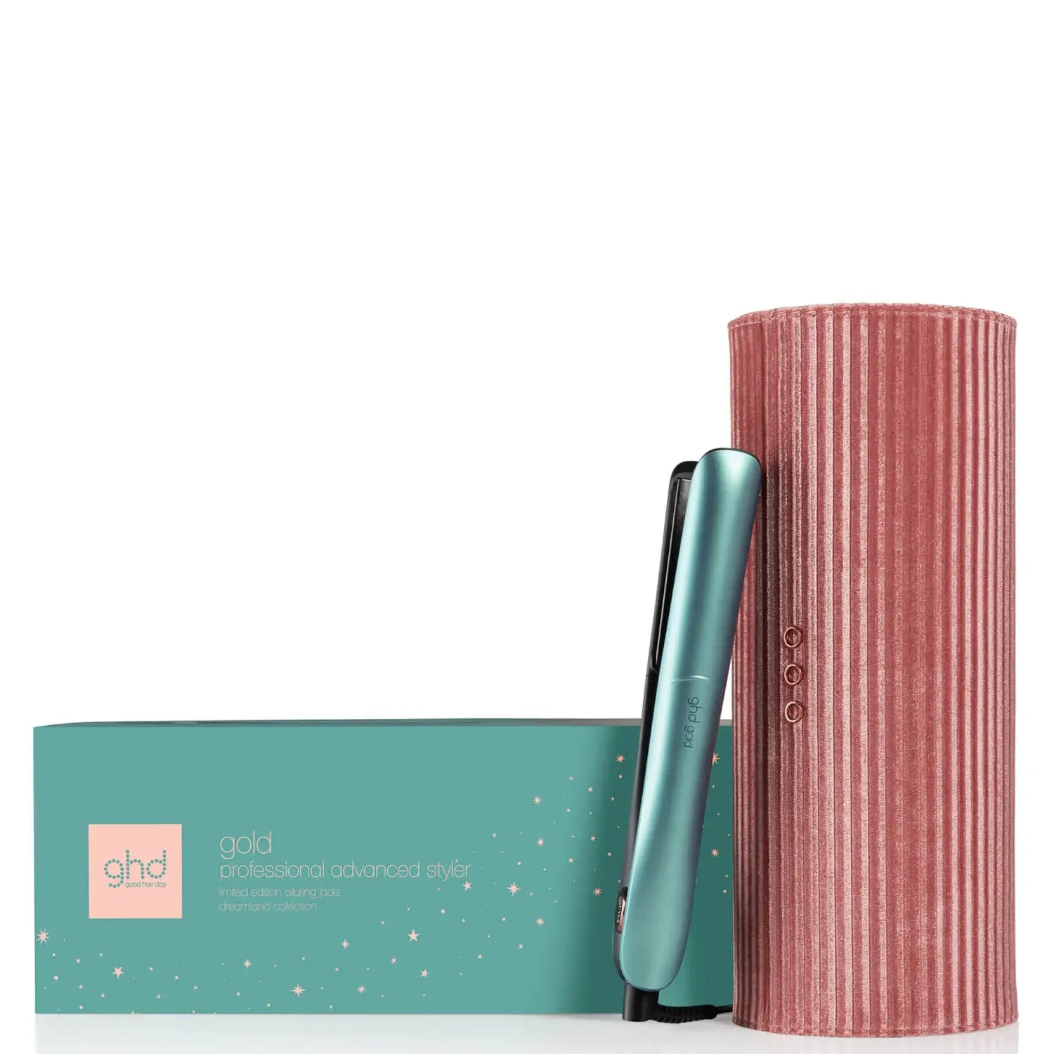 ghd Gold Hair Straightener In Alluring Jade, with vanit case and packaging