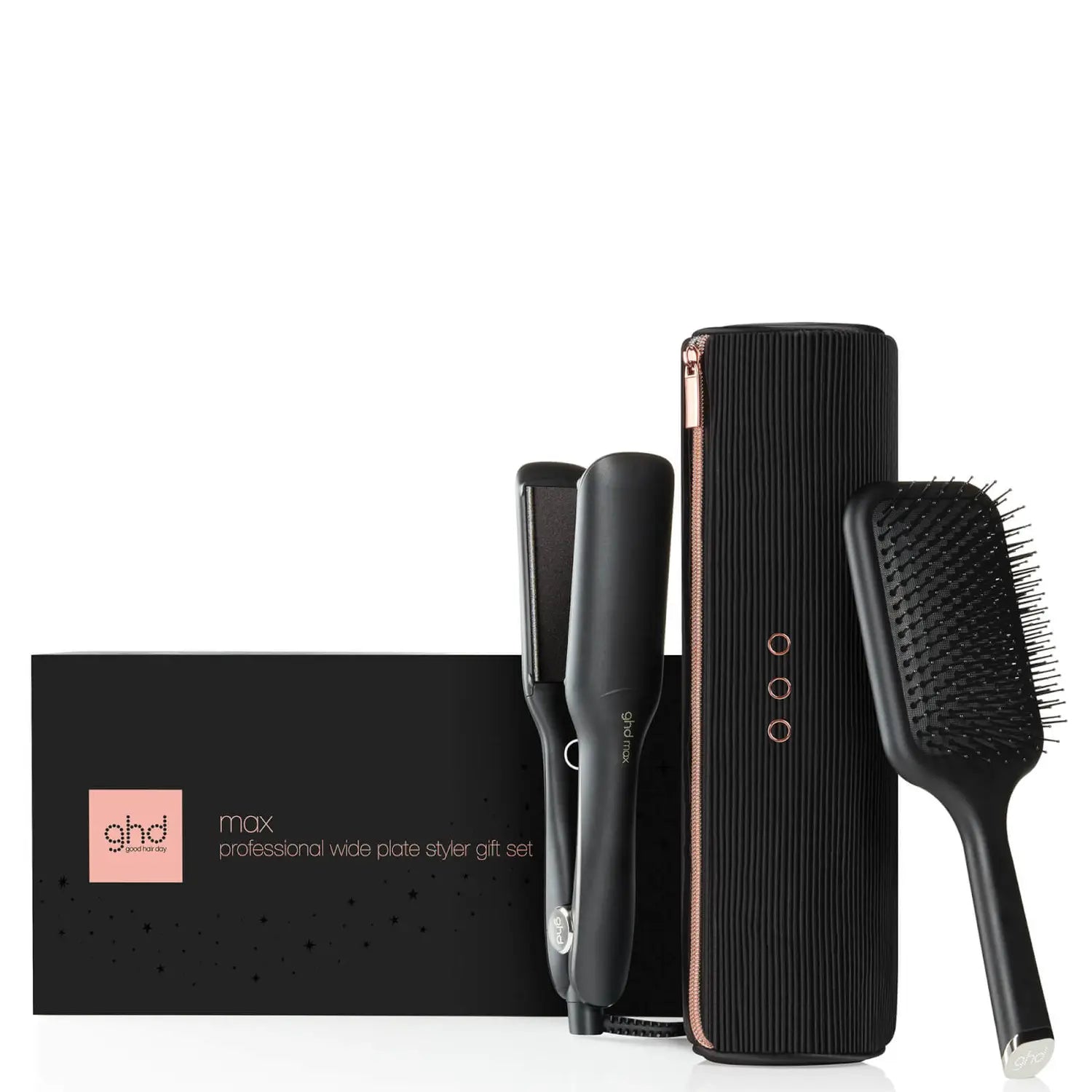 ghd Max Wide Plate Hair Straightener Christmas Gift Set, with accessories and packaging