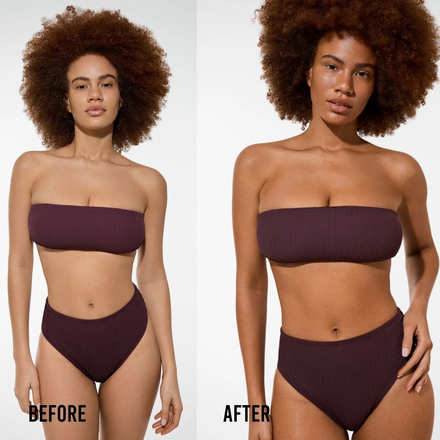 Dark skinned model, before and after using Vita Liberata Christmas Gift Set
