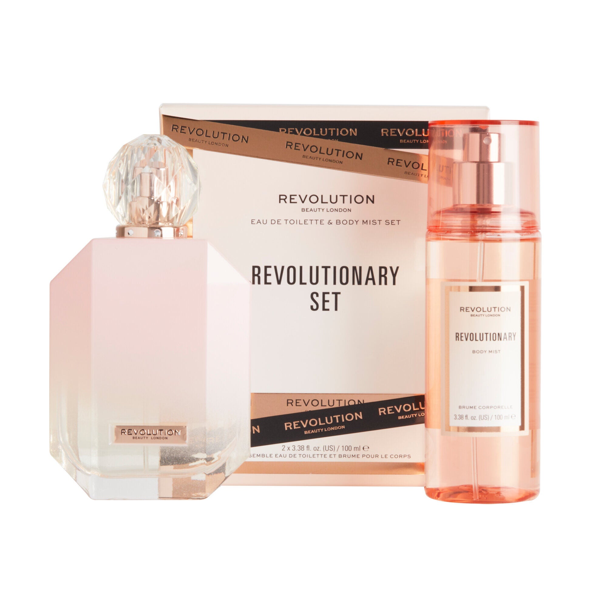 Makeup Revolution Revolutionary Set Eau De Toilette & Body Mist Gift Set, products and packaging