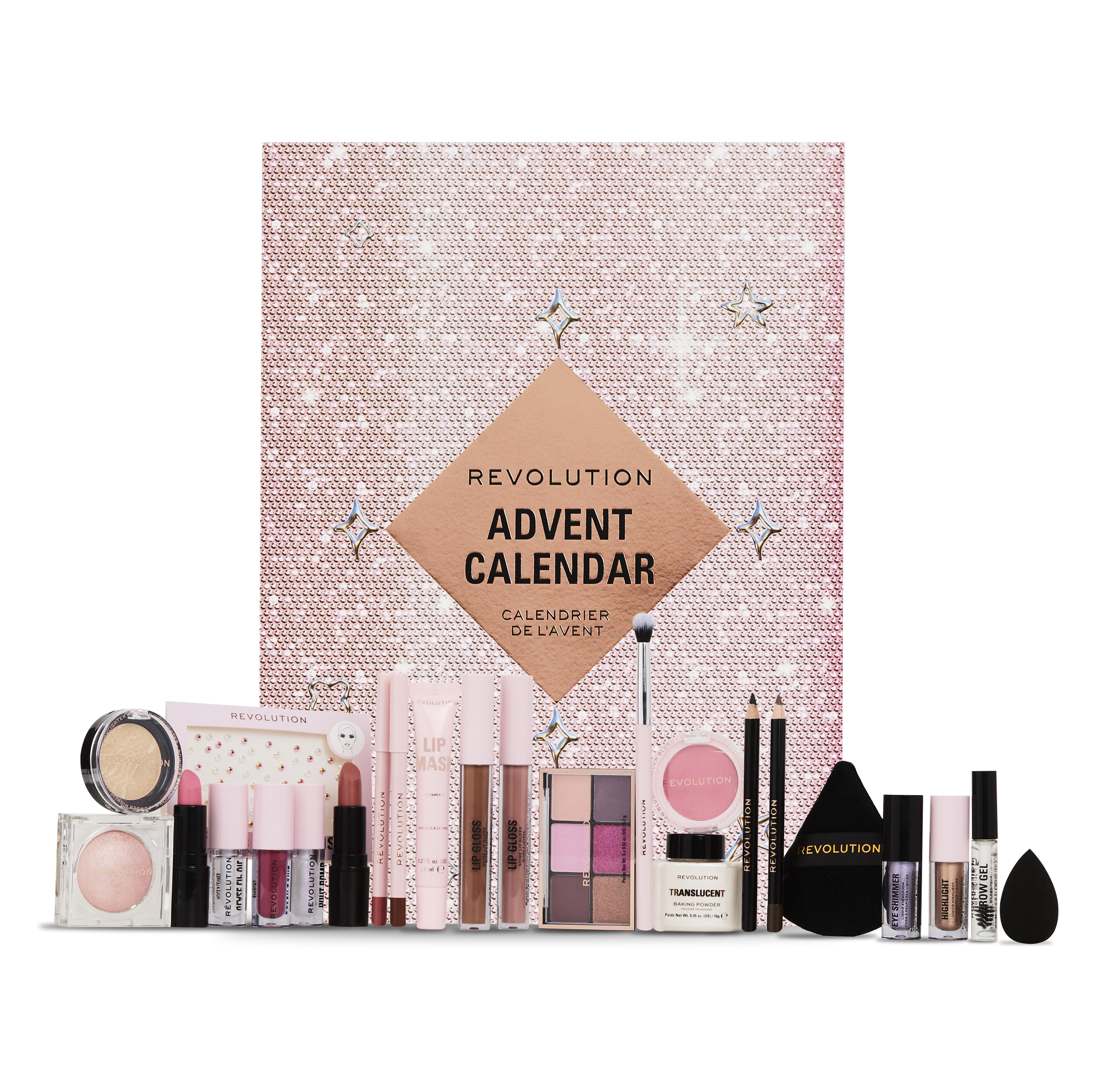 Makeup Revolution Beauty Advent Calendar 2024, with all products included displayed beside box
