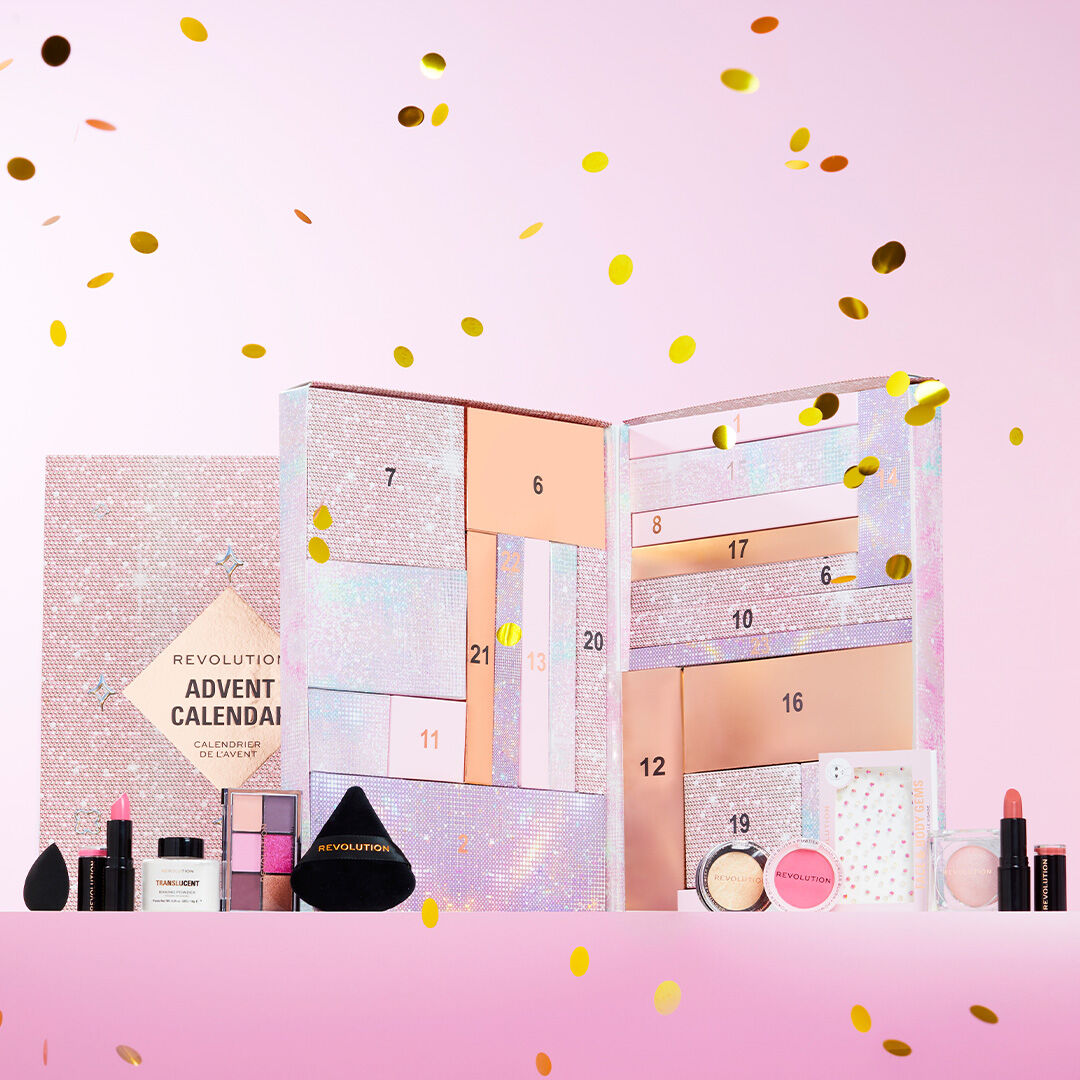 Lifestyle image of Makeup Revolution Beauty Advent Calendar 2024, open with all products displayed