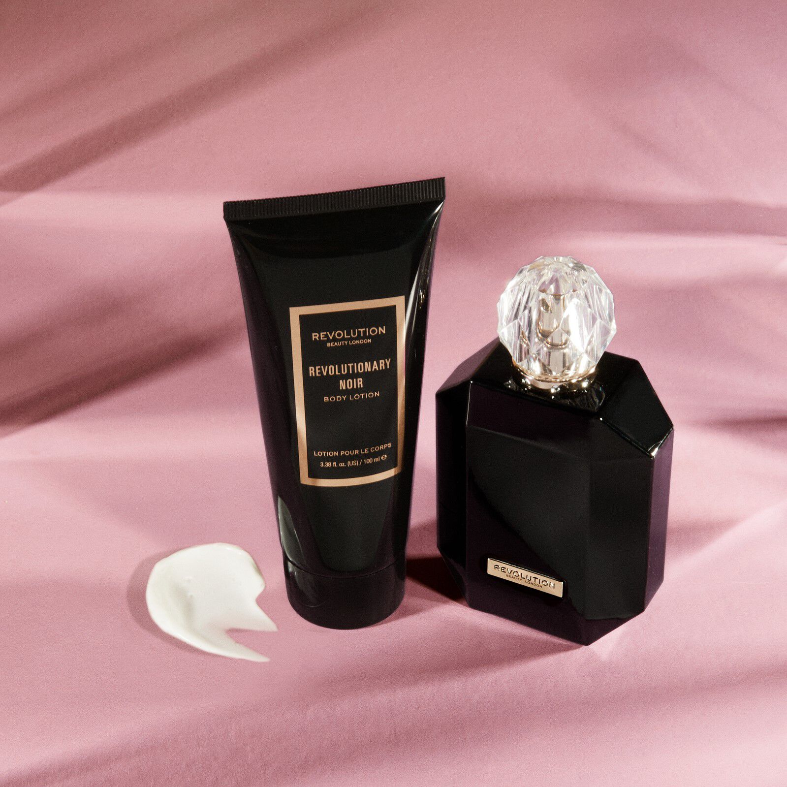 Makeup Revolution Revolutionary Noir Eau De Toilette & Body Lotion Gift Set, products with swatches