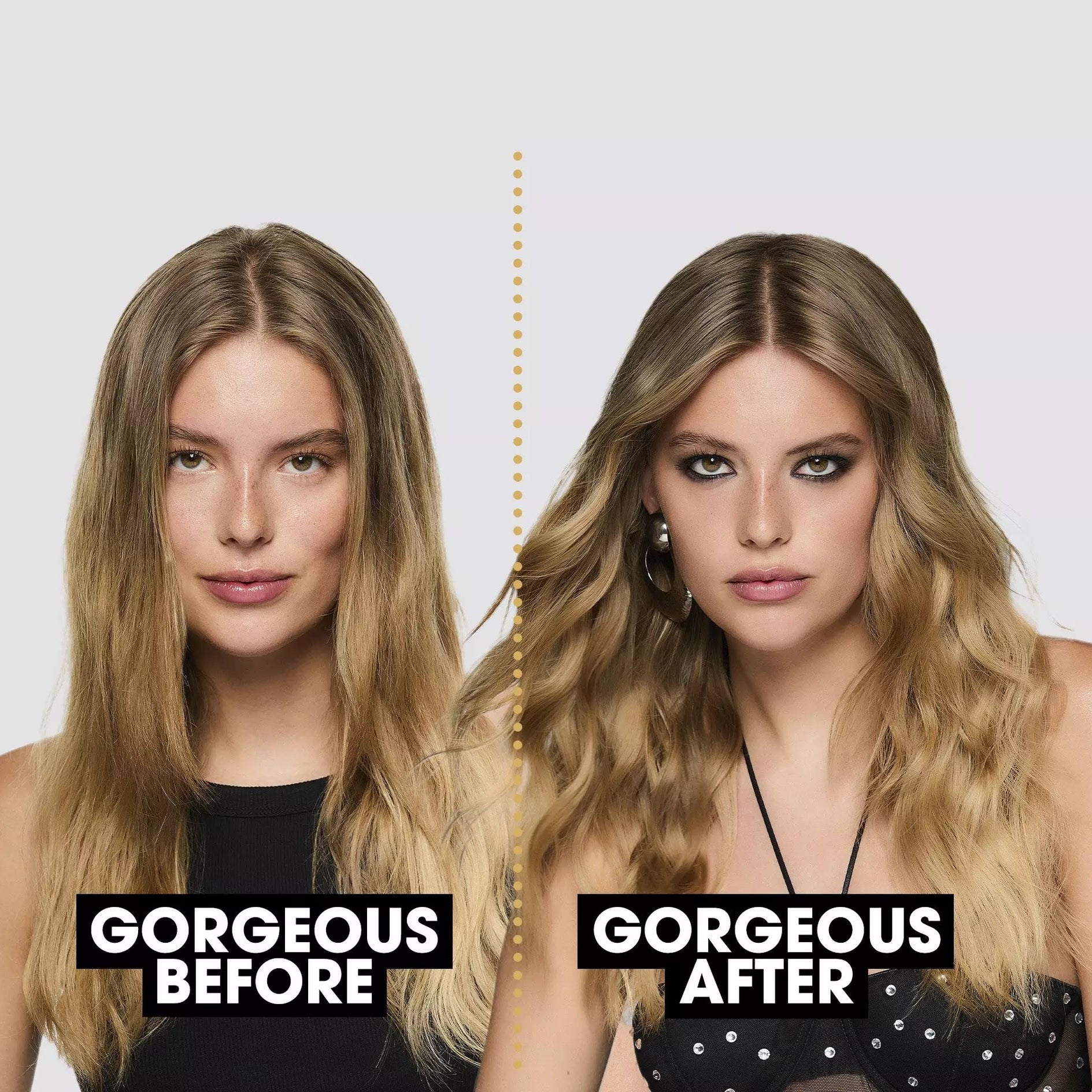 Model, before and after, styling hair with ghd Chronos Curve Conical Wand 