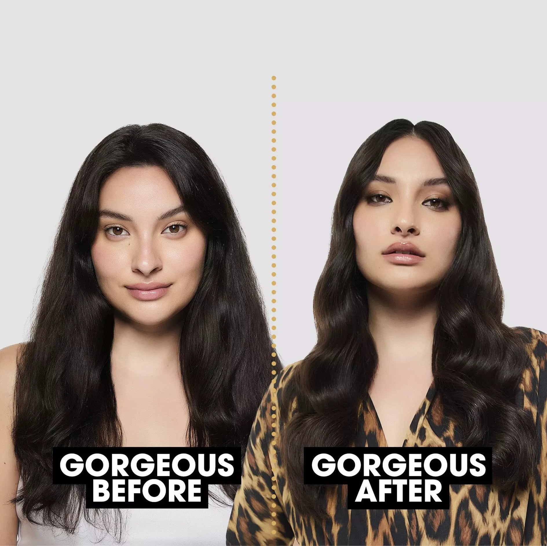 Before and after brunette model using ghd Chronos Curve Classic Tong (26mm Barrel) 