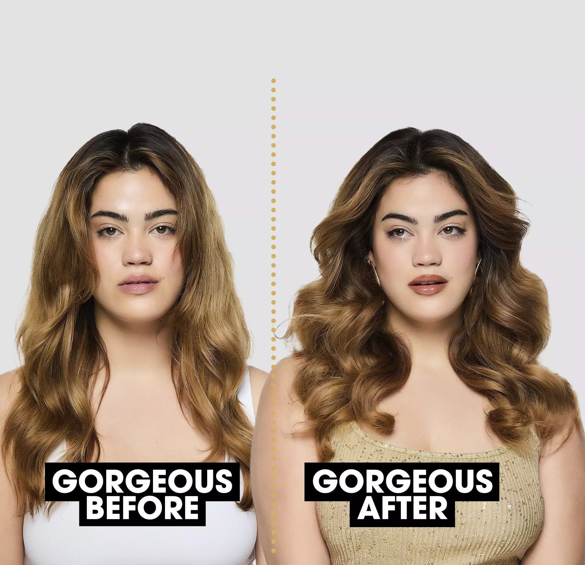 MOdel, before and after styling hair with ghd Chronos Curve Grand Tong
