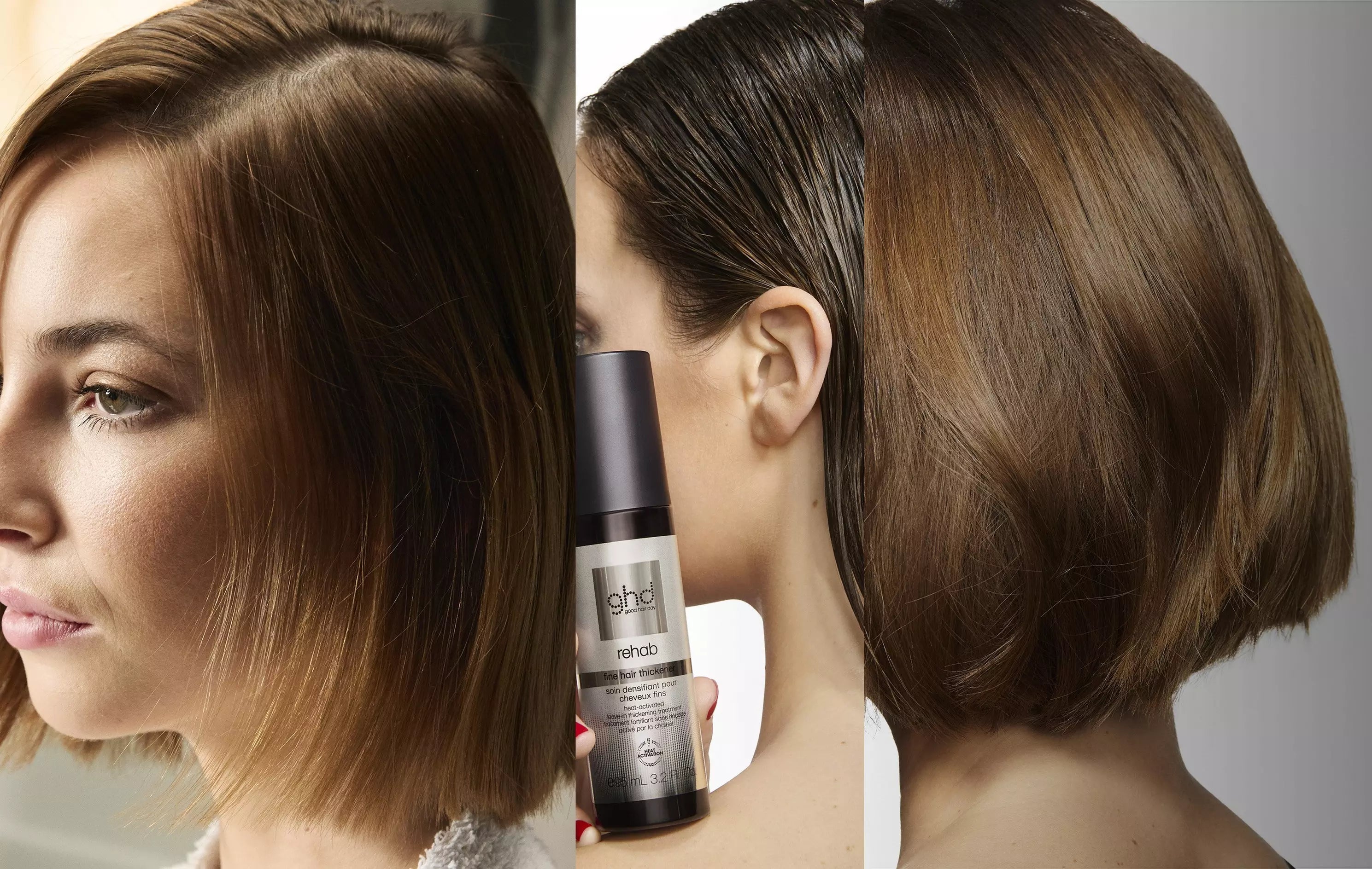 Before and after using ghd Rehab Fine Hair Thickener Spray 95ml