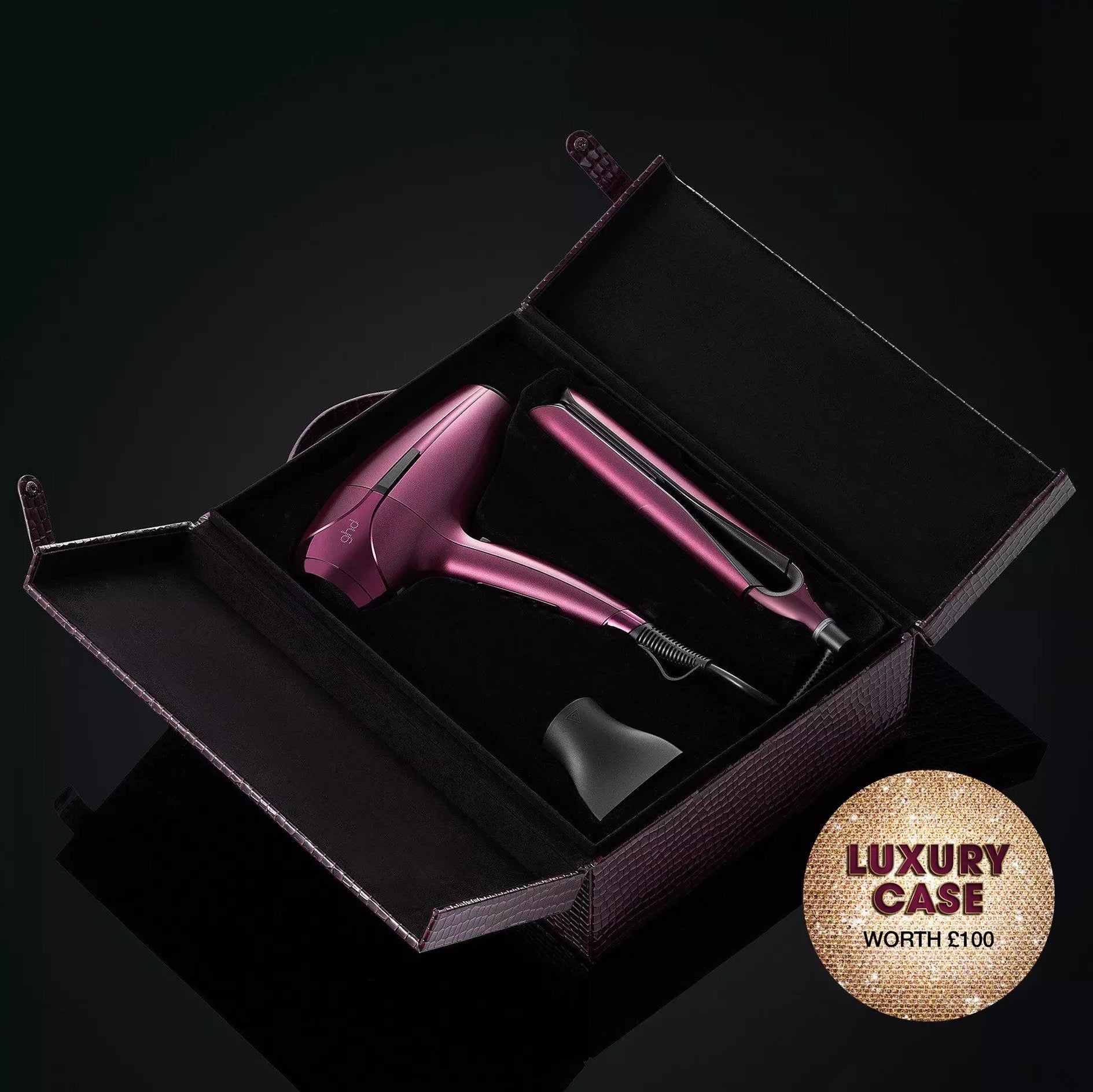 ghd Deluxe Hairdryer & Straightener Gift Set in Cherry Chic, opened out and displayed