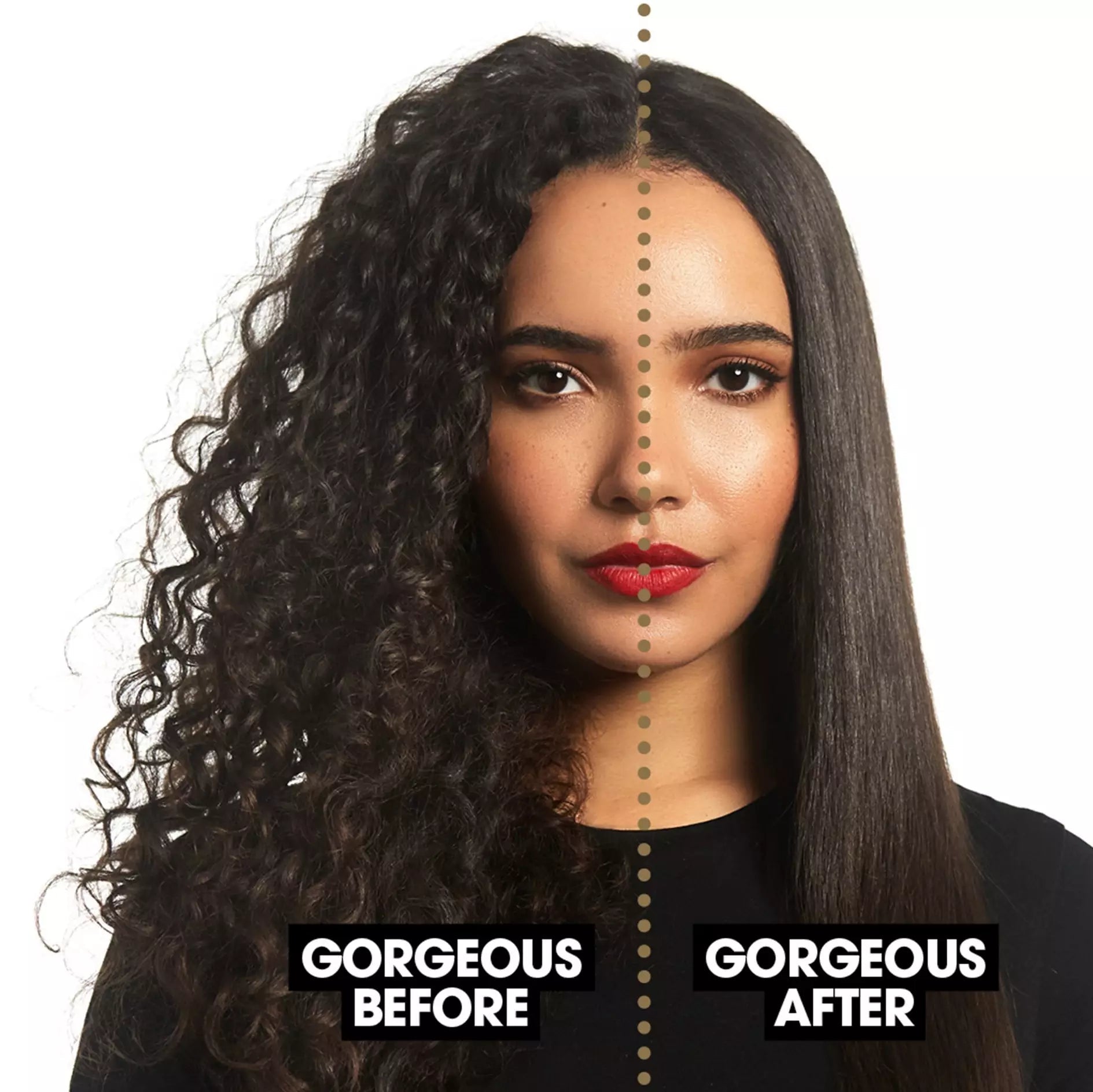 Model before and after usino ghd Chronos Cherry Chic Deluxe gift set