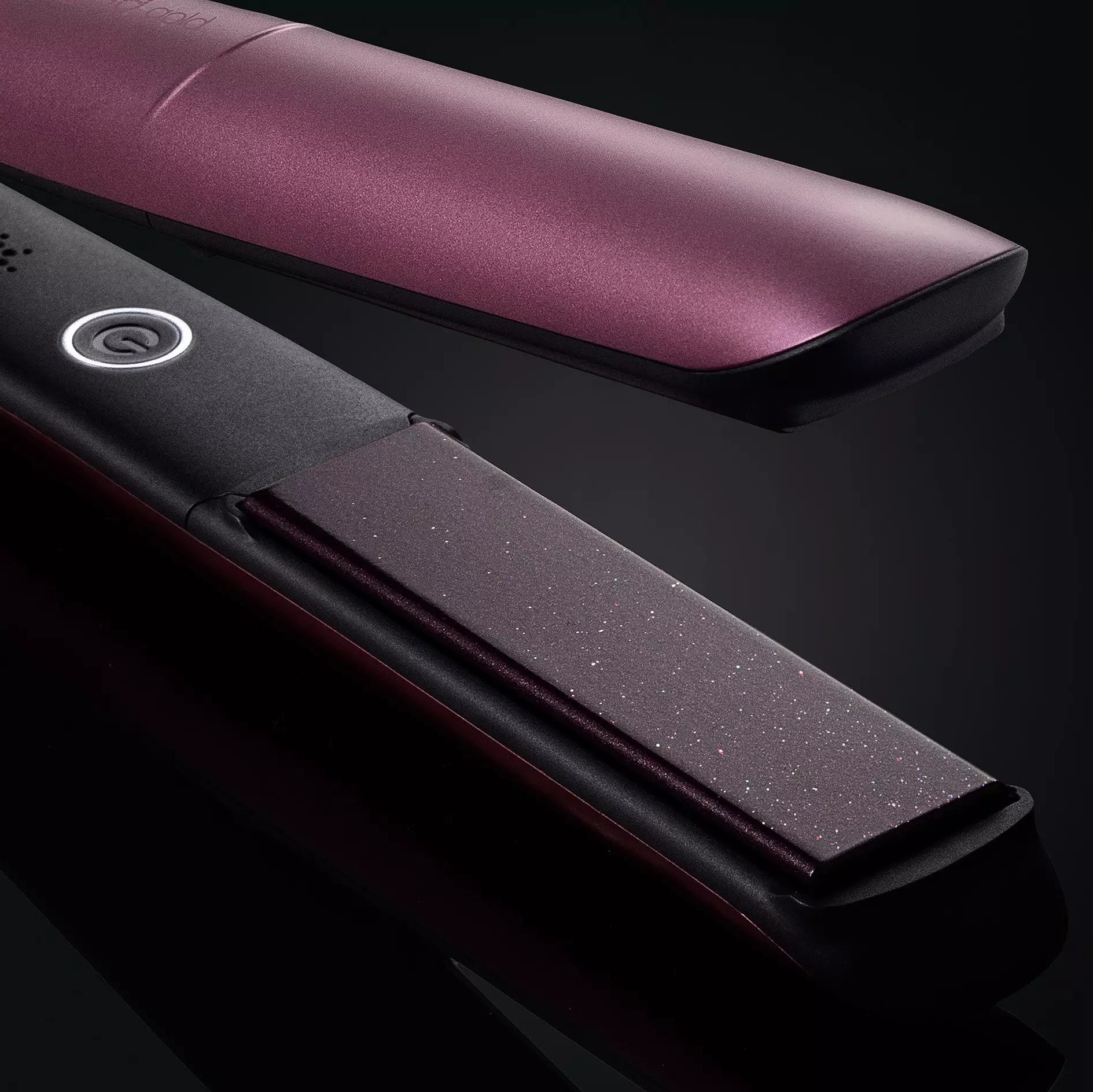 Close up of the plates of ghd Cherry Chic Gold Hair Straightener 