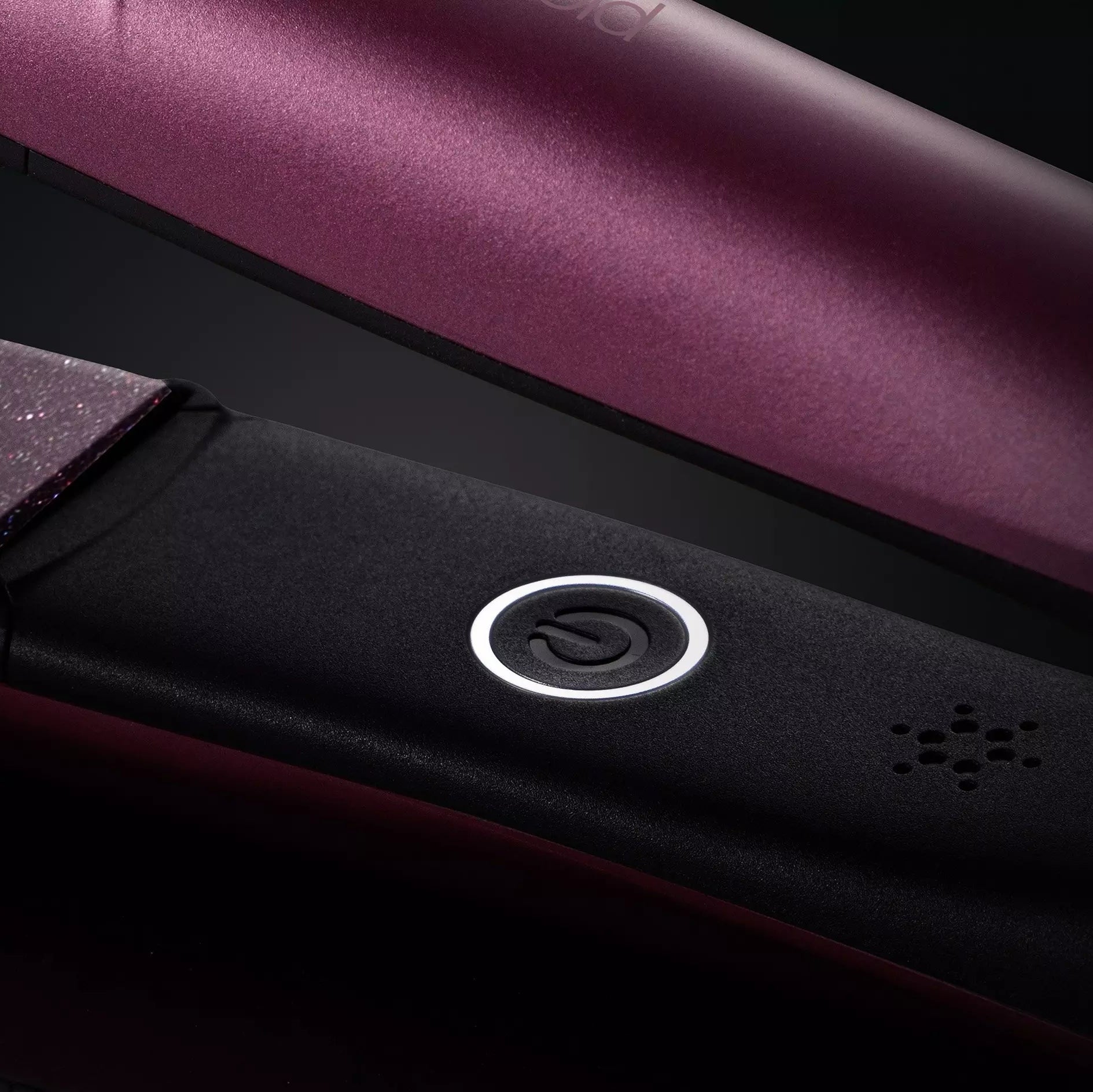 Close up of power button on ghd Cherry Chic Gold Hair Straightener