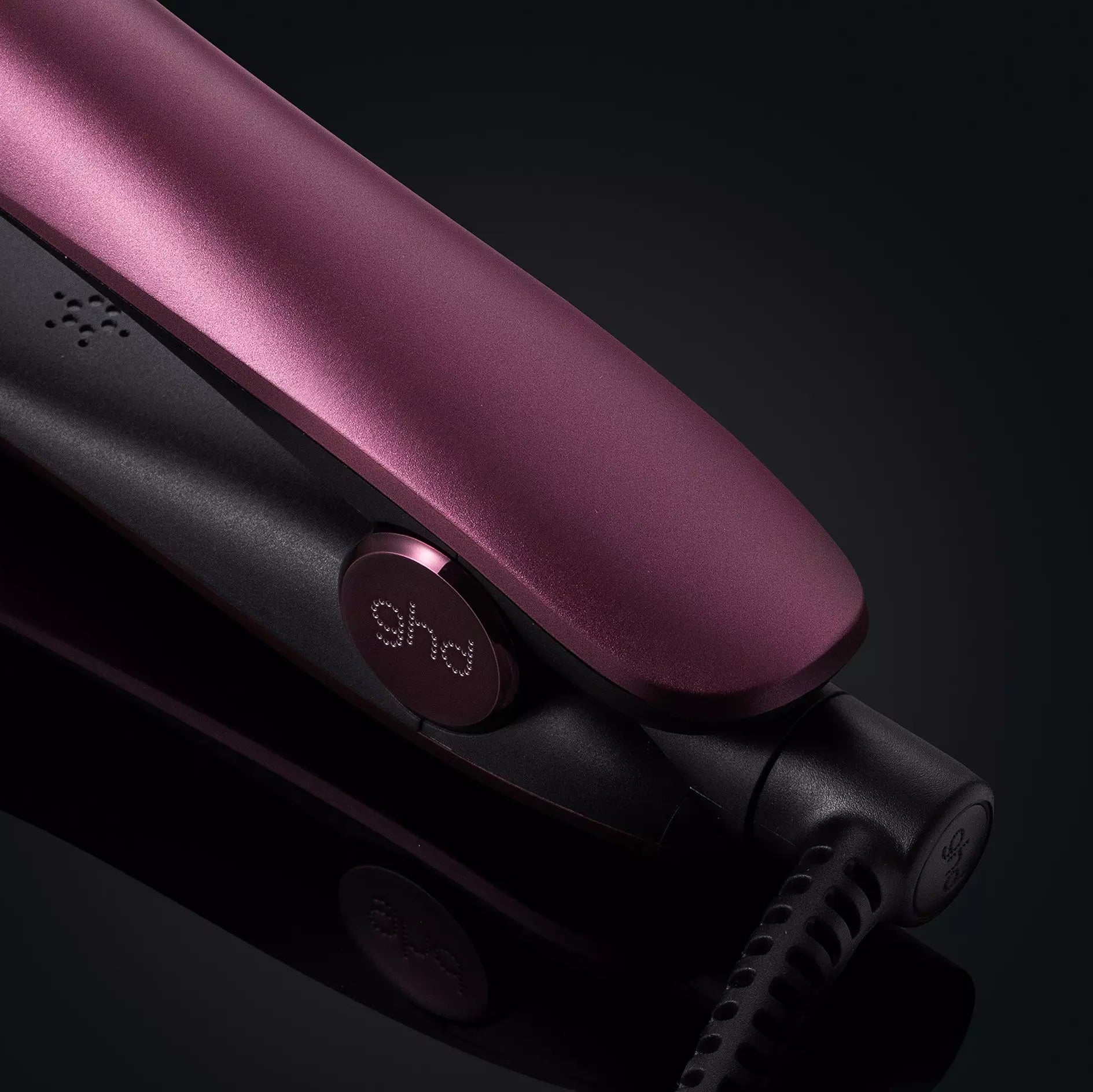 Close of hinge of ghd Cherry Chic Gold Hair Straightener