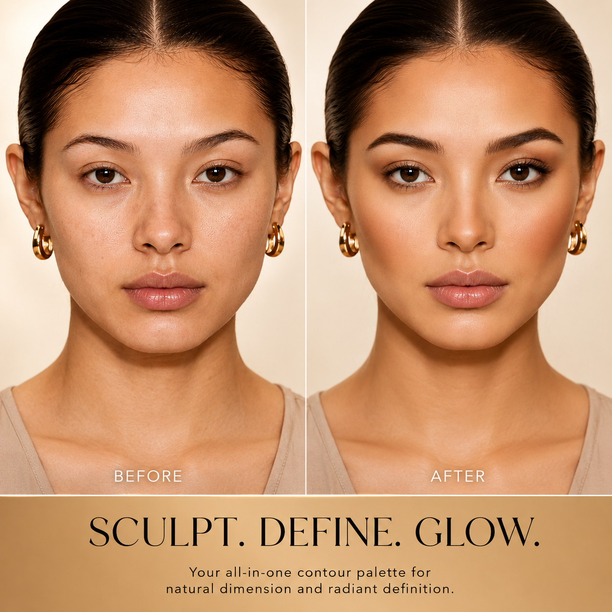 Before and after of model wearing Dominic Paul Contour Palette