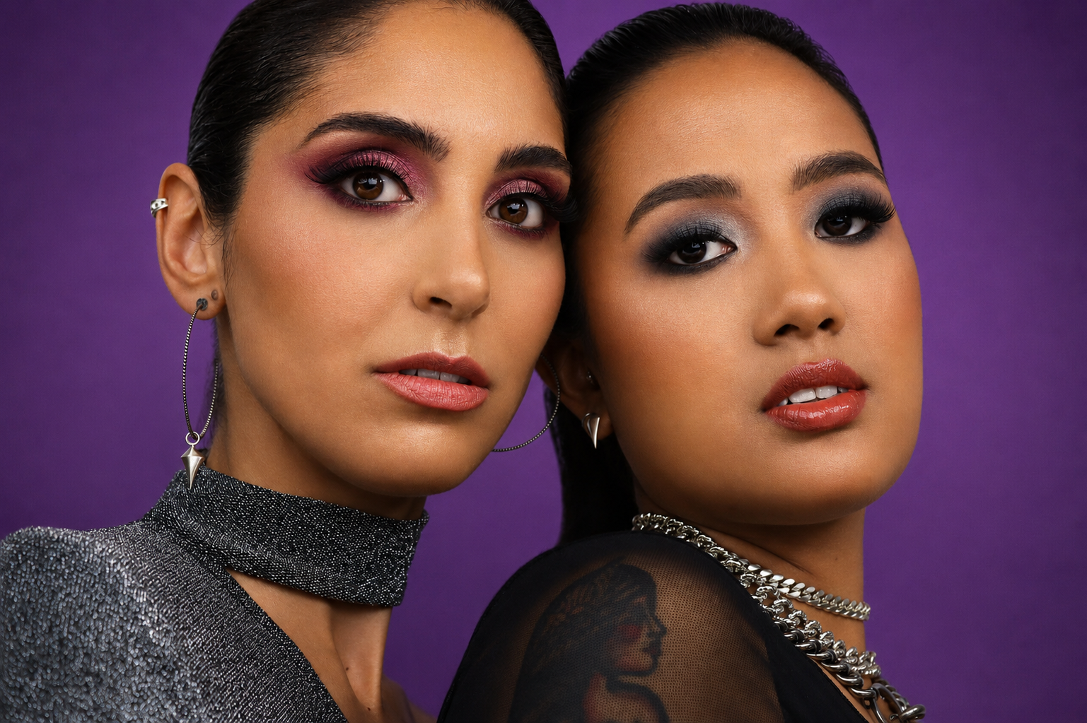 two beautiful modelf with smokey eyes after using Dominic Paul The Culture Palette