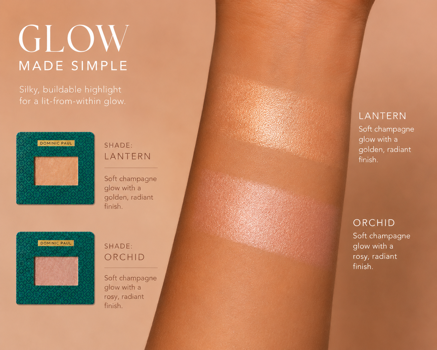 Dominic Paul Custom Highlighter, swatches on model's arm and shade info