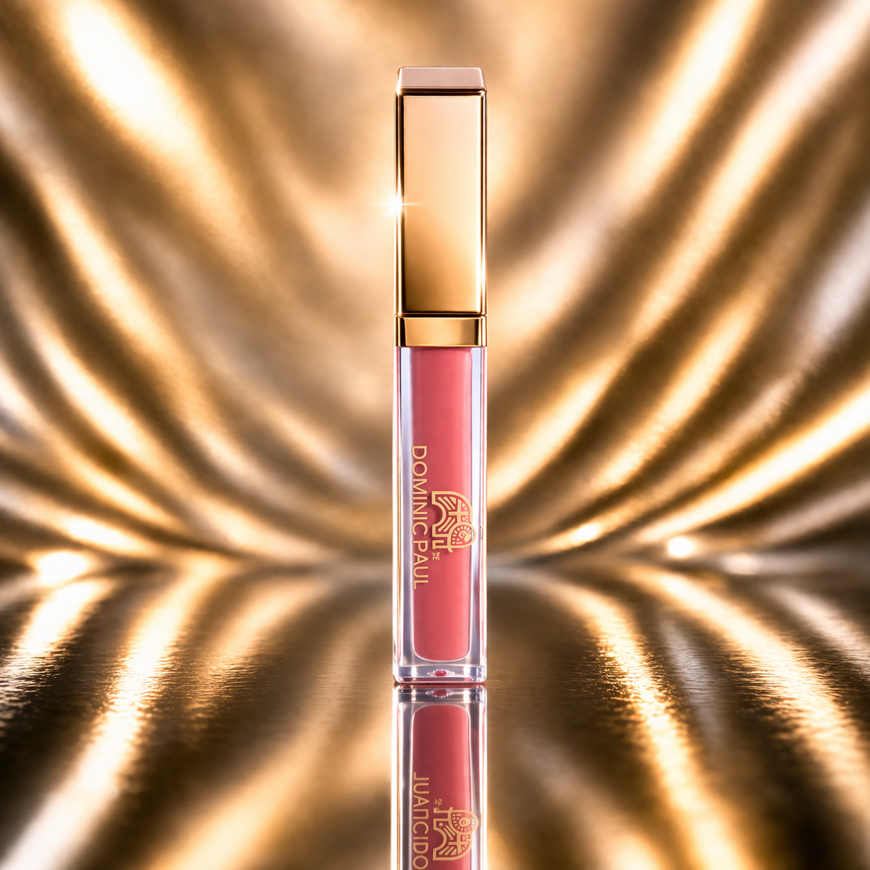 Dominic Paul Matte Liquid Lipstick Thai Spice in gold background