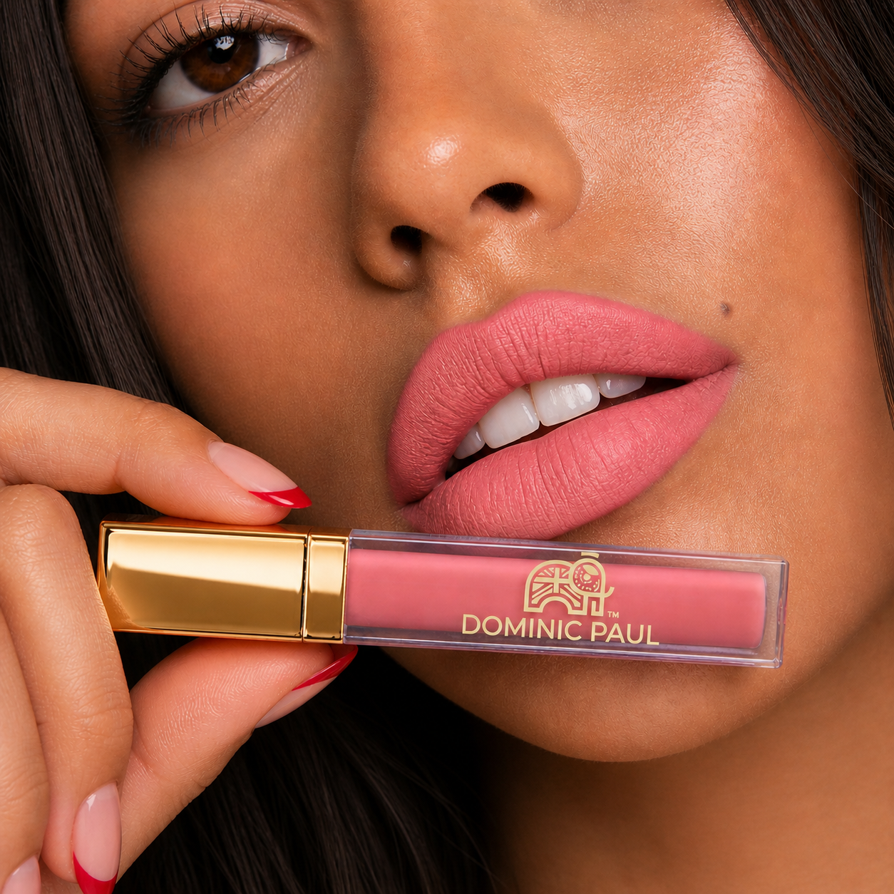 Model wearing Dominic Paul Matte Liquid Lipstick Patong